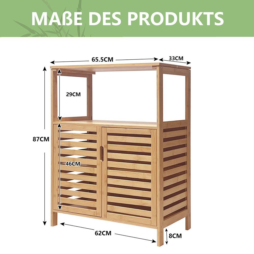 WAOHO Badkommode Badezimmerschrank Bambus, Sideboard Wohnzimmer, Schließfach 65X87X33cm, Abnehmbare Partition