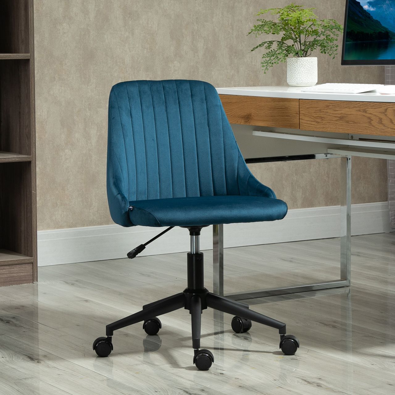 Vinsetto Bürostuhl Drehstuhl Schreibtischstuhl Ergonomisches Liniendesign höhenverstellbar 360° drehbar Schaumstoff Samtartiges Polyester Blau 50 x 58 x 77-87 cm