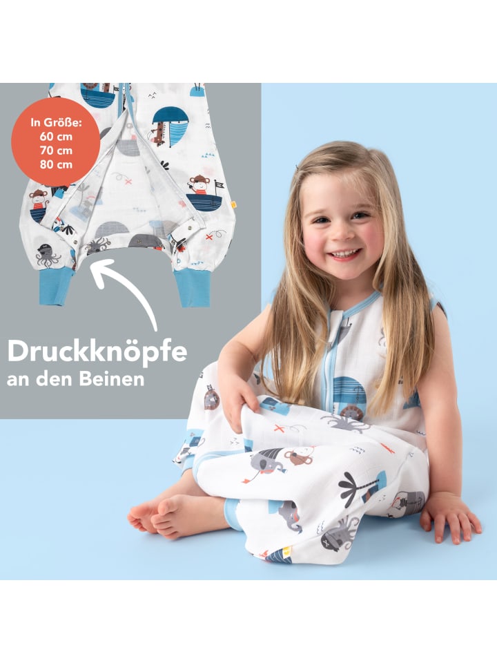 Schlummersack Musselin Schlafsack mit Füßen, 0.5 TOG in Hellblau-Rot günstig kaufen