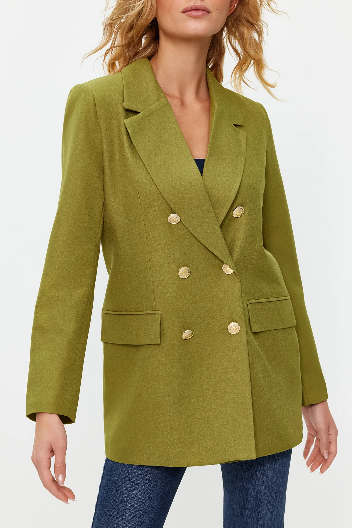 Trendyol Collection  Hellkhakifarbener, übergroßer, gefütterter, zweireihiger, gewebter Blazer-Jacke TWOSS20CE0024