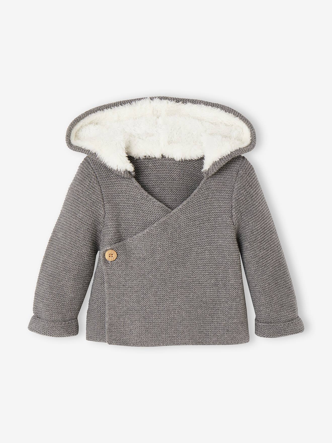 Cardigan avec capuche doublée fausse fourrure bébé rose pale