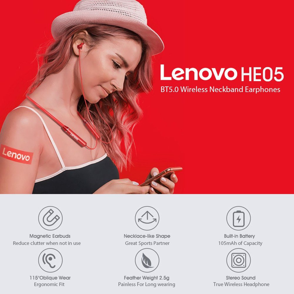 Lenovo HE05 mit Touch-Steuerung Bluetooth-Kopfhörer (Bluetooth 5.0, Stereo-Ohrhörer, Akkulaufzeit bis zu 6 Stunden, mit Mikrofon - Schwarz)
