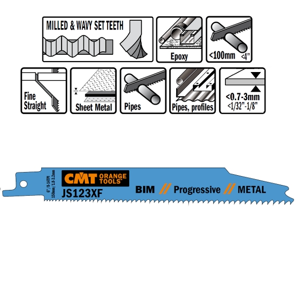 Lame de ferăstrău sabie CMT JS123XF-5 JS123XF, 5 bucăți, bimetal, 150 mm x 0,9 x 8-14 TPI. Aplicație: Tablă (1-8 mm), tuburi și profile cu pereți subțiri și groși.