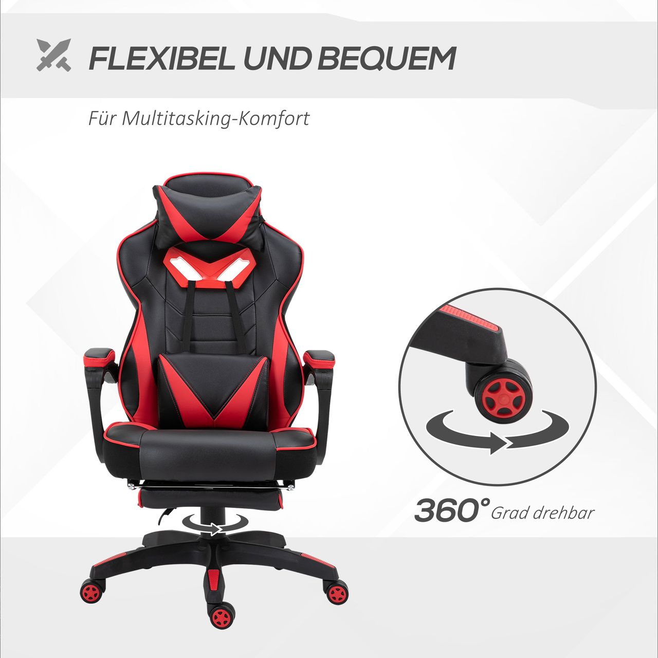 Vinsetto Ergonomischer Bürostuhl, Gaming Stuhl, Drehstuhl mit einziehbare Fußstütze und verstellbarer Rücken Schaumstoff PU-Leder Metall, Schwarz Rot, 65 x 70 x 118,5-128,5 cm