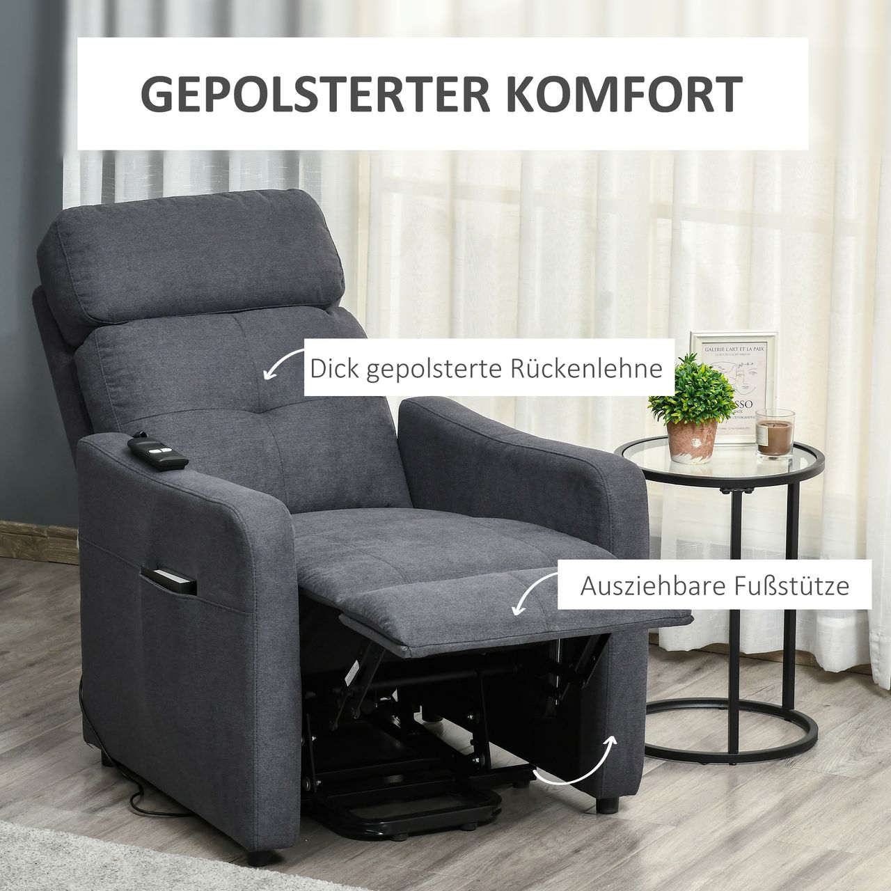 HOMCOM Elektrischer Relaxsessel Fernsehsessel Sessel mit Aufstehhilfe Relaxsessel mit liegefunktion mit Fernbedienung Polyesterstoff Stahl Grau 71 x 94 x104 cm