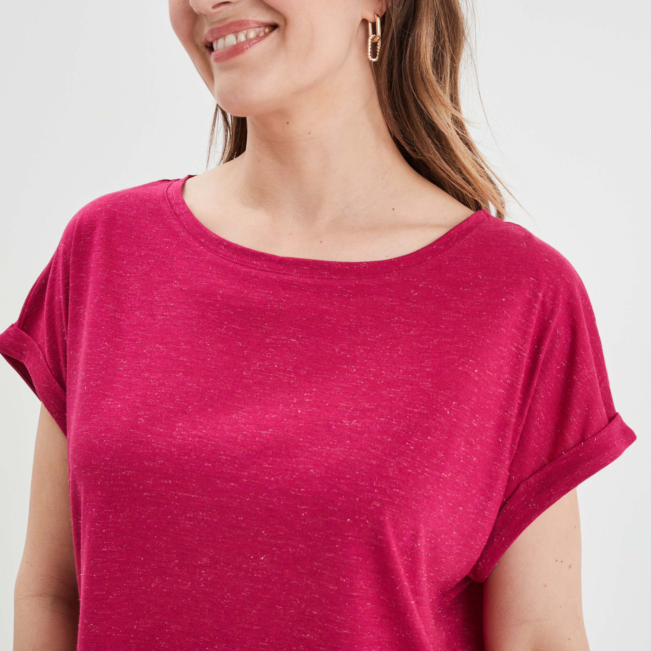 T-shirt manches courtes fils métallisés rose framboise femme | La Halle