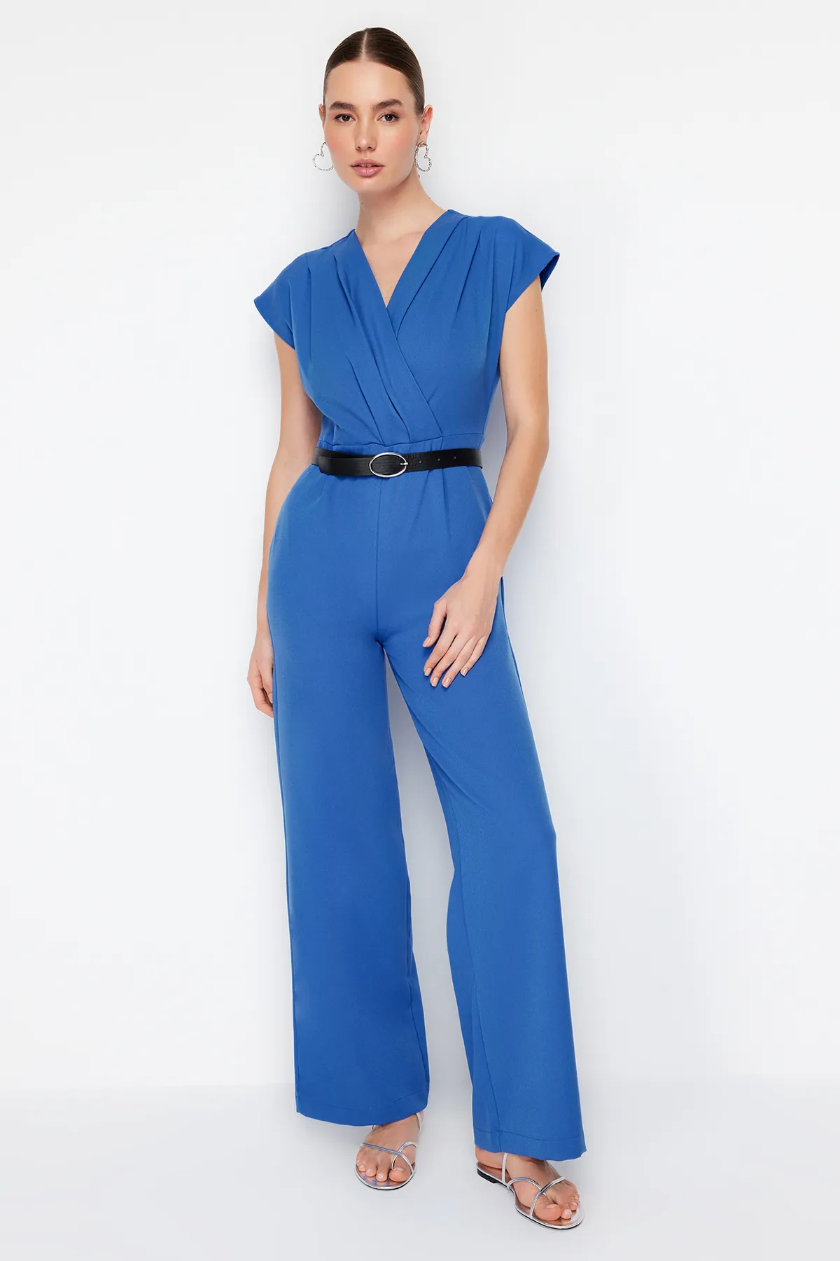 Trendyol Collection  Indigofarbener, zweireihiger Maxi-Weboverall mit Kragen und Gürtel TWOSS21TU0004