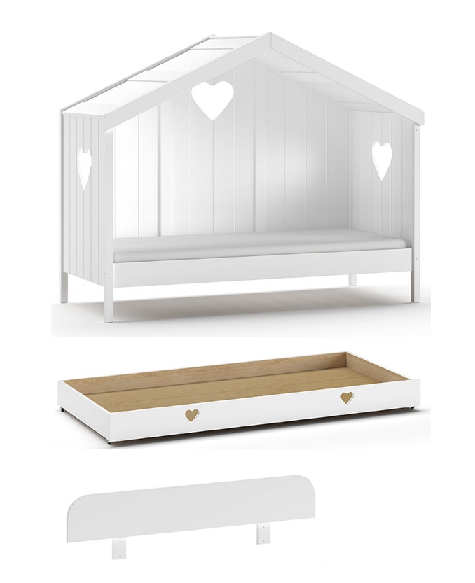VIPACK Hausbett Amori mit Rückwand, Liegefläche 90 x 200 cm, inkl. Rolllattenrost, Absturzschutz und Bettschublade, Ausf. Kiefer und MDF weiß lackiert