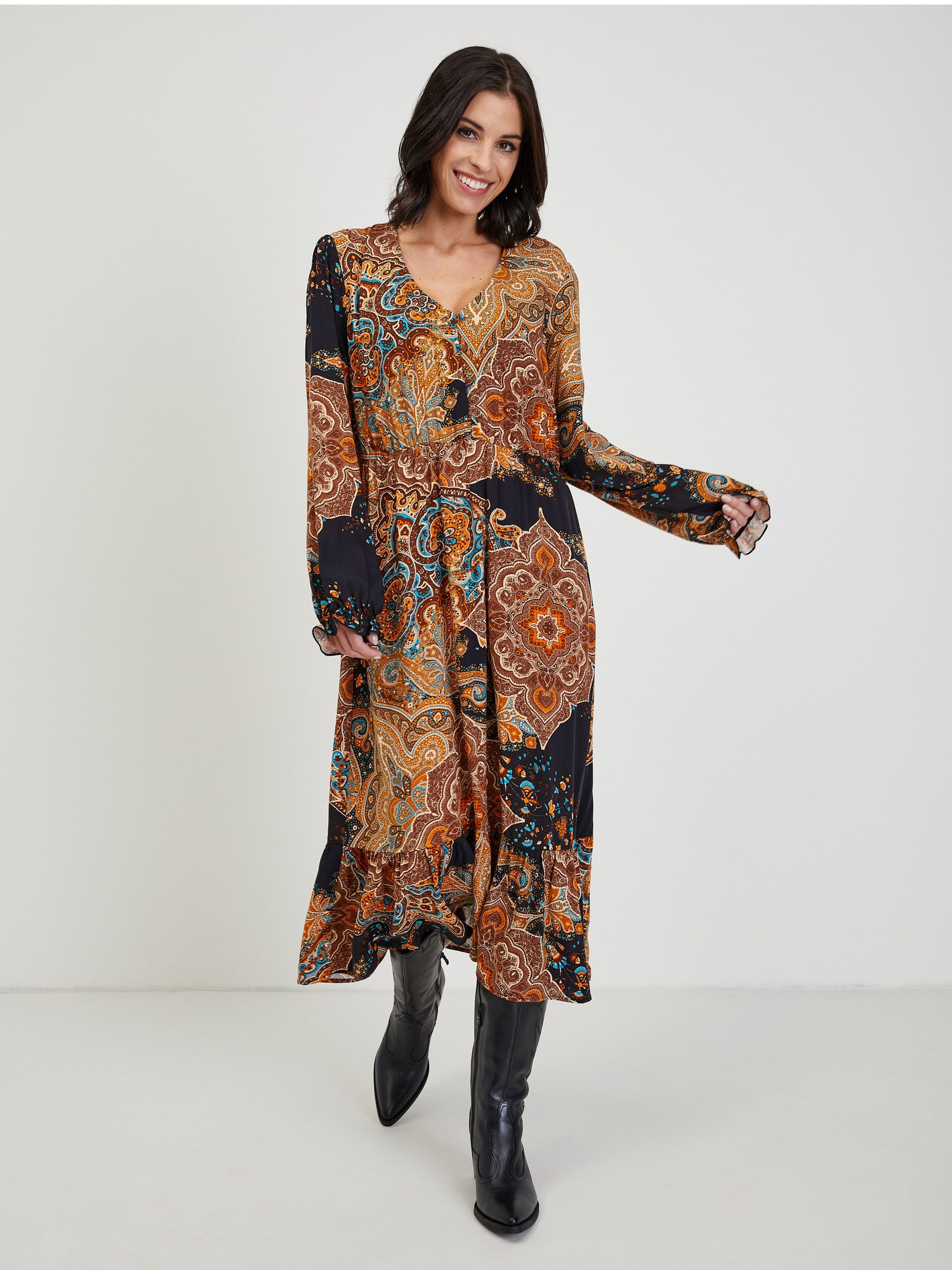 Braunes gemustertes Damen Midikleid ORSAY