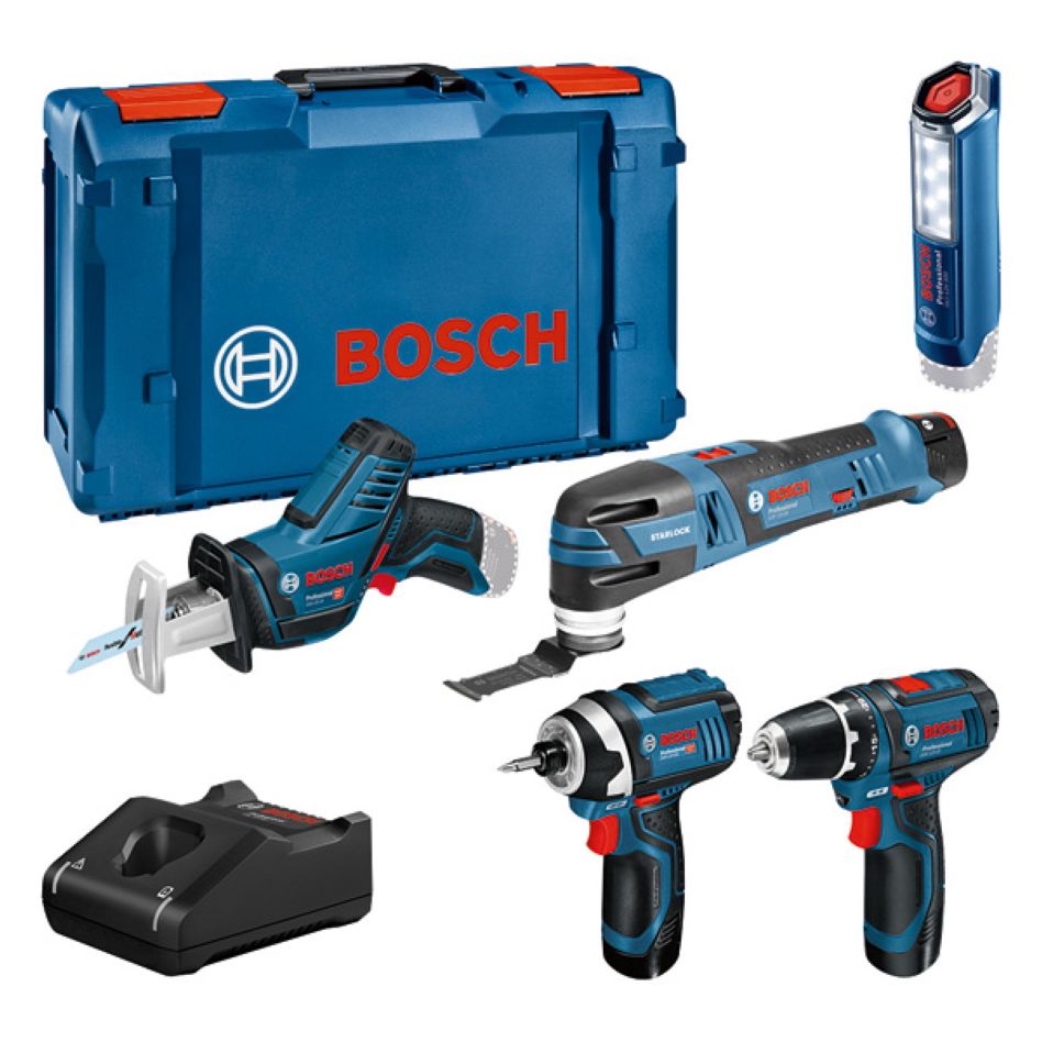 Coffret Bosch Bleu 0615990N1D 5 outils 12 V : perceuse sans fil + scie sauteuse + visseuse à percussion + outil multifonction + lampe 12 V 3 x 2,0 Ah en XL-Boxx