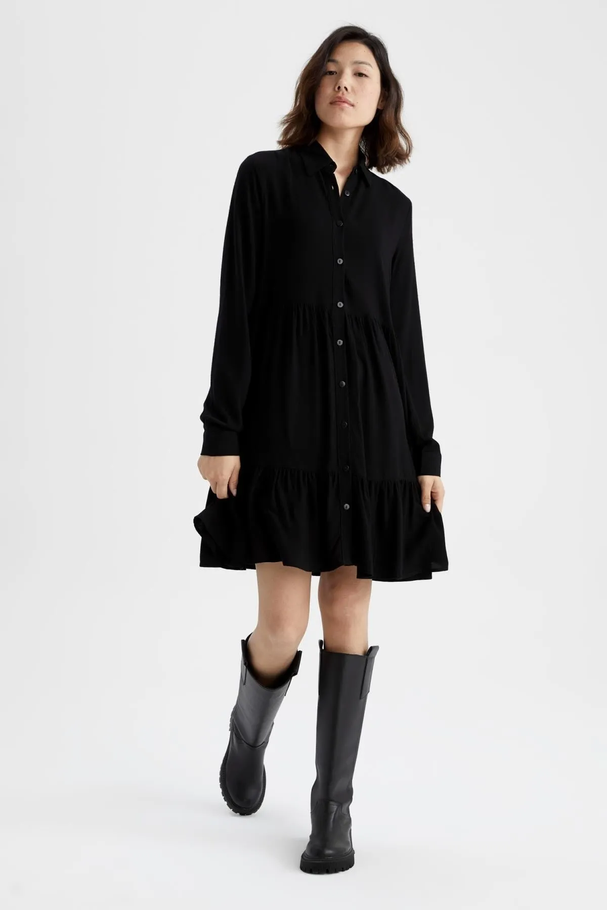 DeFacto  Mini-Langarmkleid mit Hemdkragen