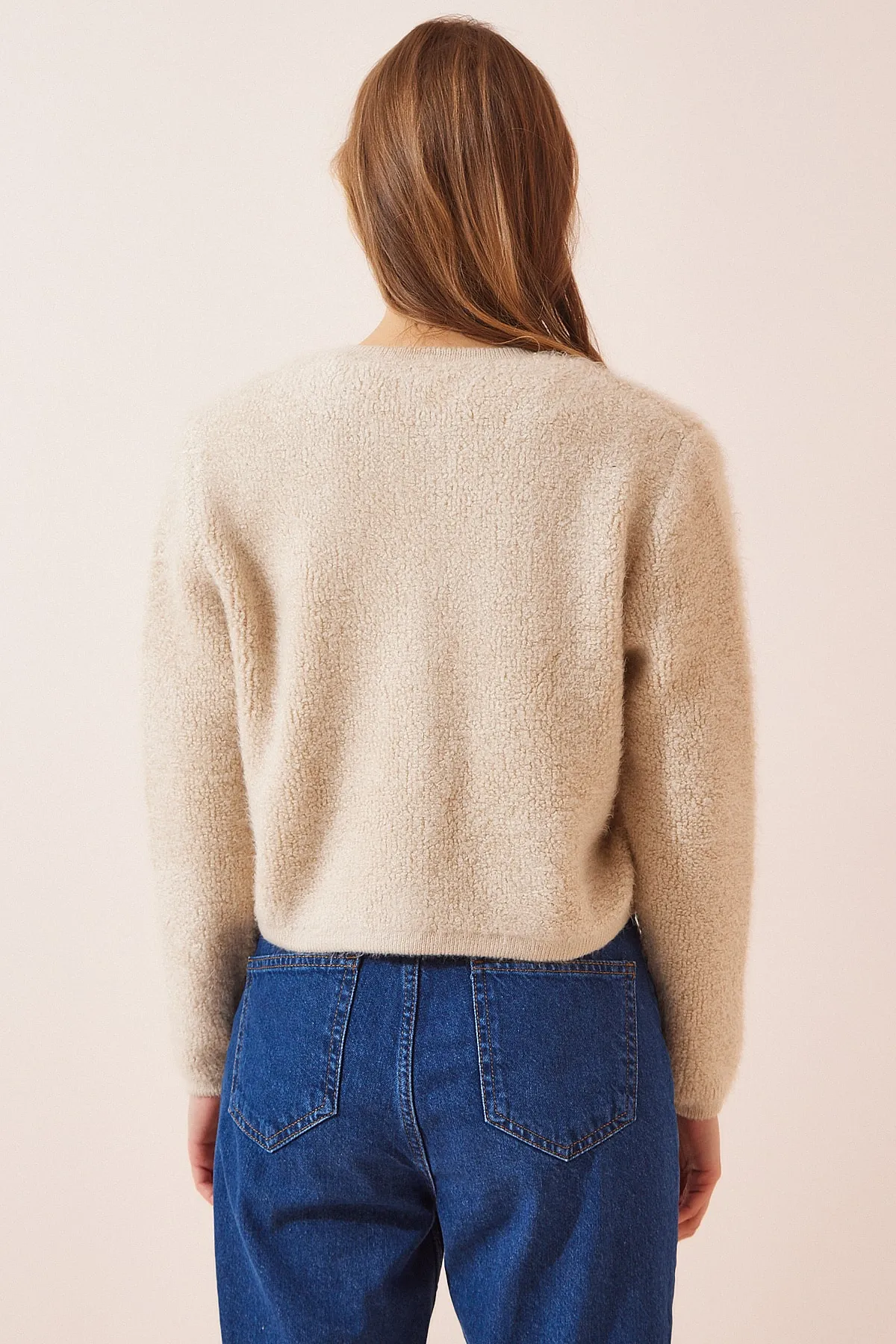 Happiness İstanbul  Damen Dunkelcreme Bouclé Strickjacke Cardigan YY00117