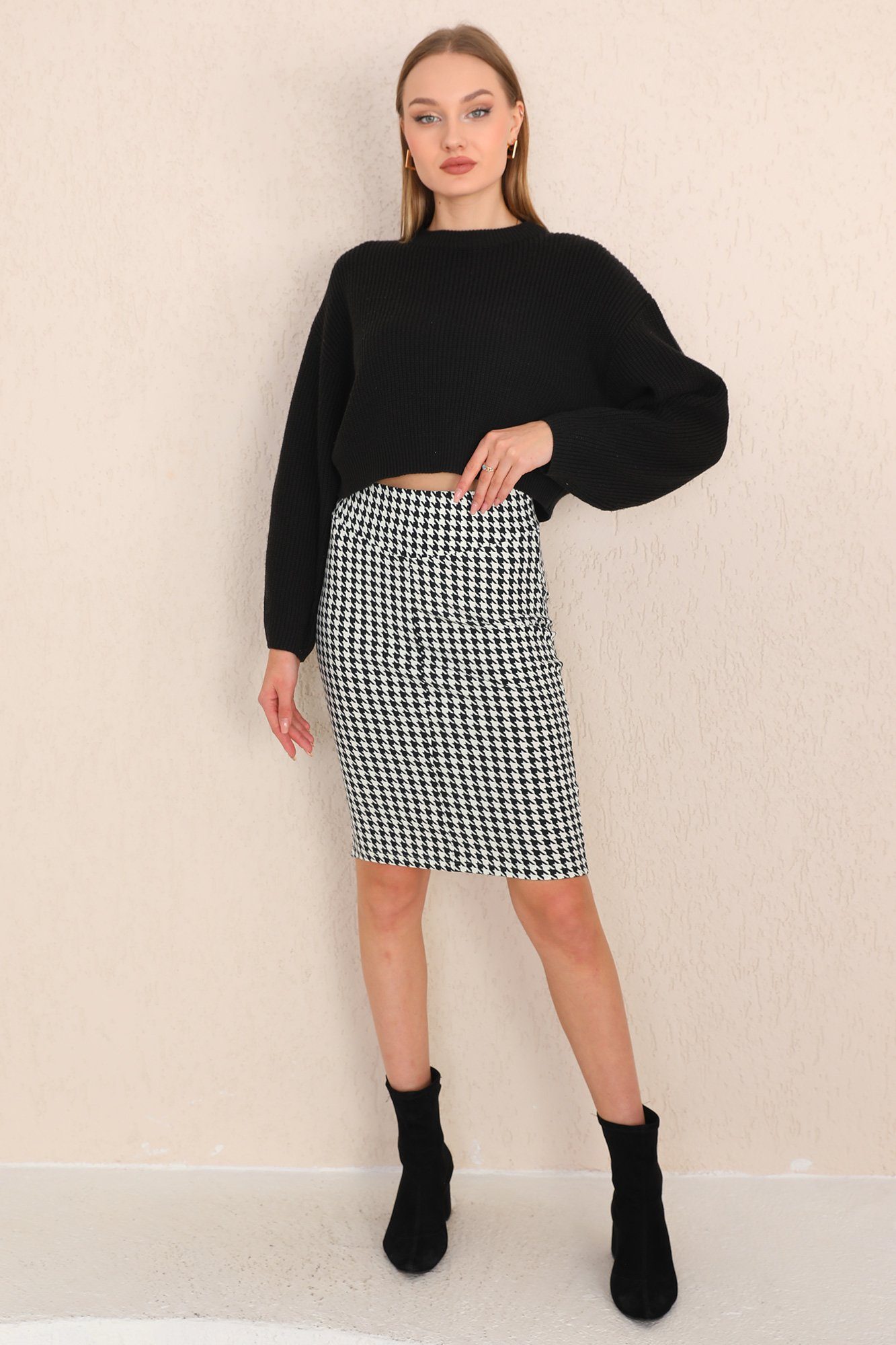 Bongual Midirock Bleistiftrock Bodycon Hahnentrittmuster