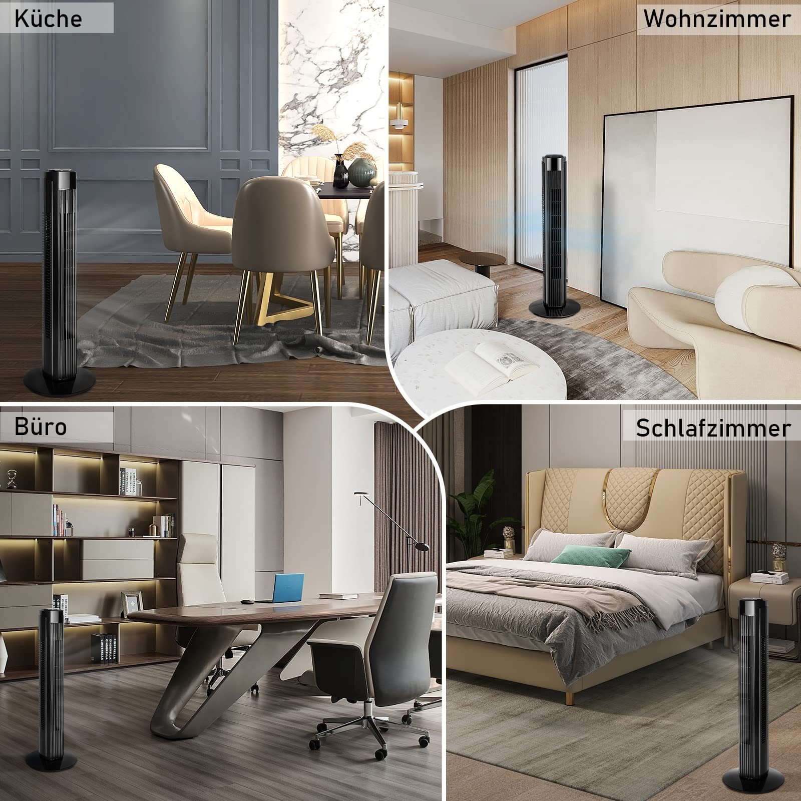 ZMH Turmventilator Schwarz Leise 90° Oszillierender mit Fernbedienung für Schlafzimmer, 80cm mit 3 Geschwindigkeiten Säulenventilator 7.5H Timer