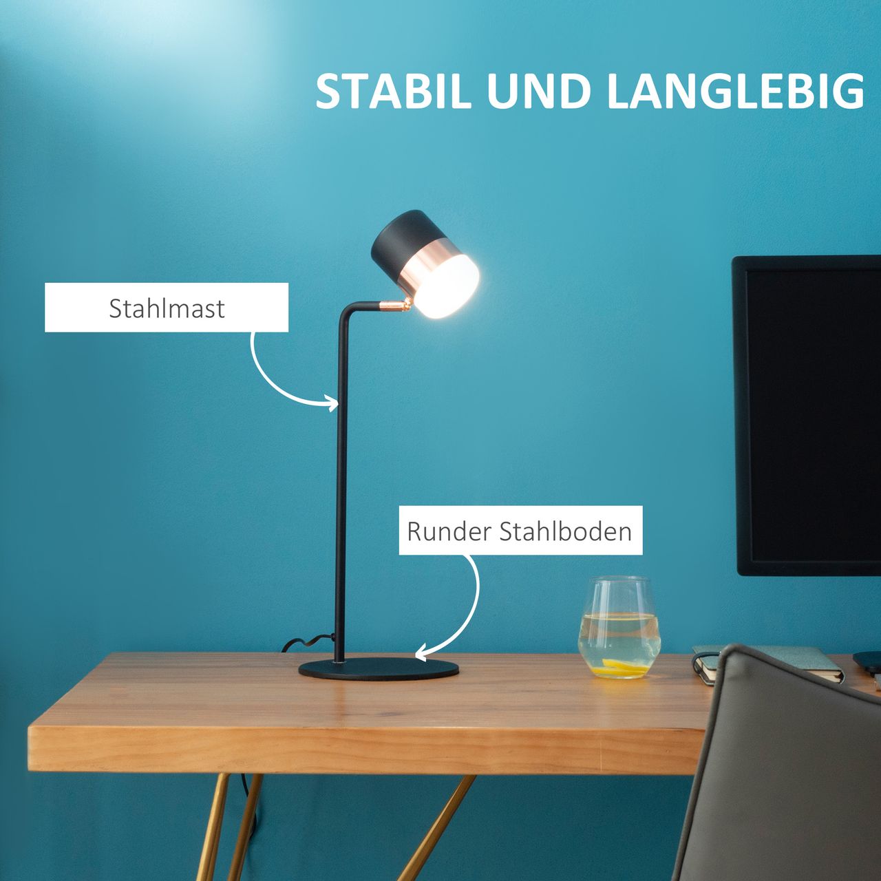 HOMCOM Tischlampe Nachttischlampe Tischleuchte LED 90° verstellbar Industrial Stil Metall Schwarz Gold 27 x 24 x 51 cm