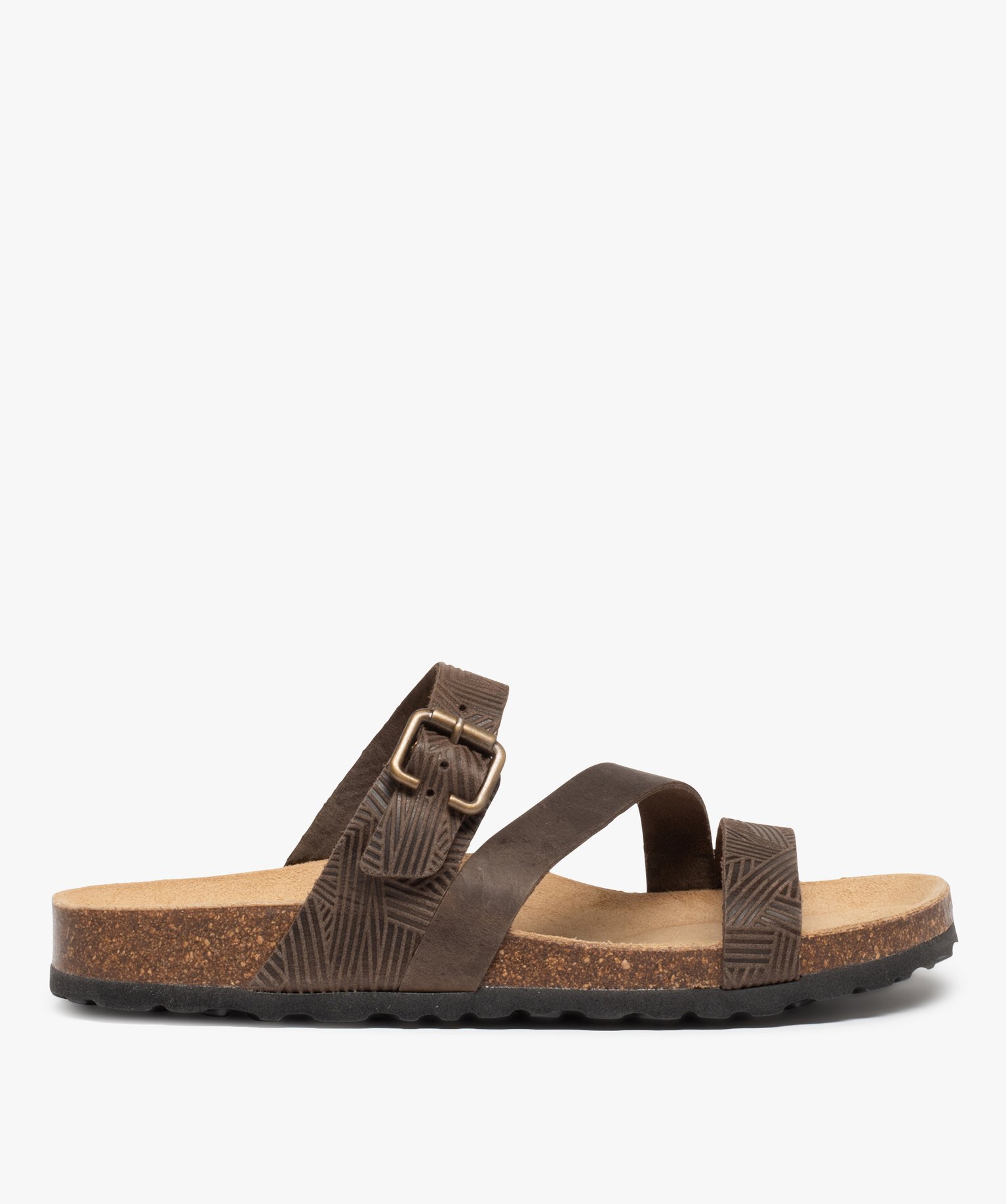Mules femme à talon plat et brides fantaisie marron | GEMO