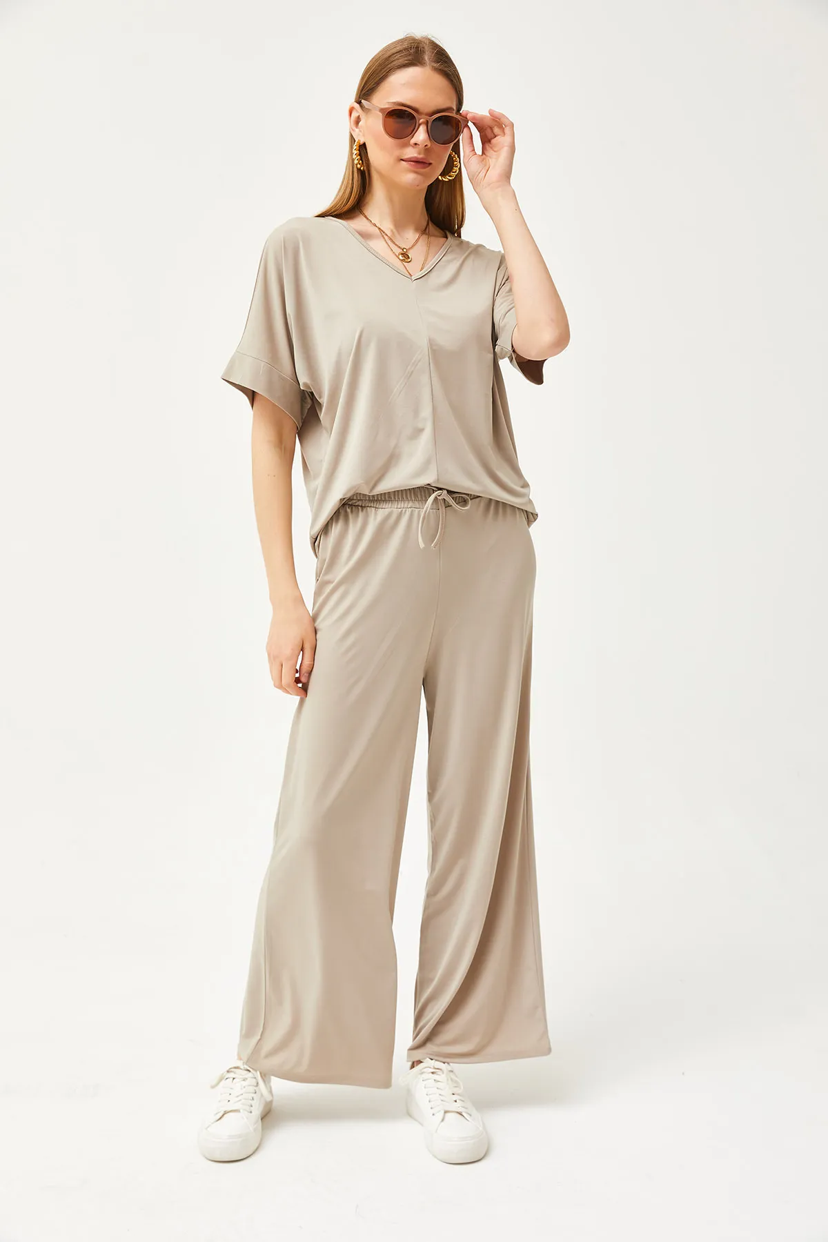 Olalook  Damen Beige Top Bluse Unterteil Palazzo Locker Strick Set TKM-19000267