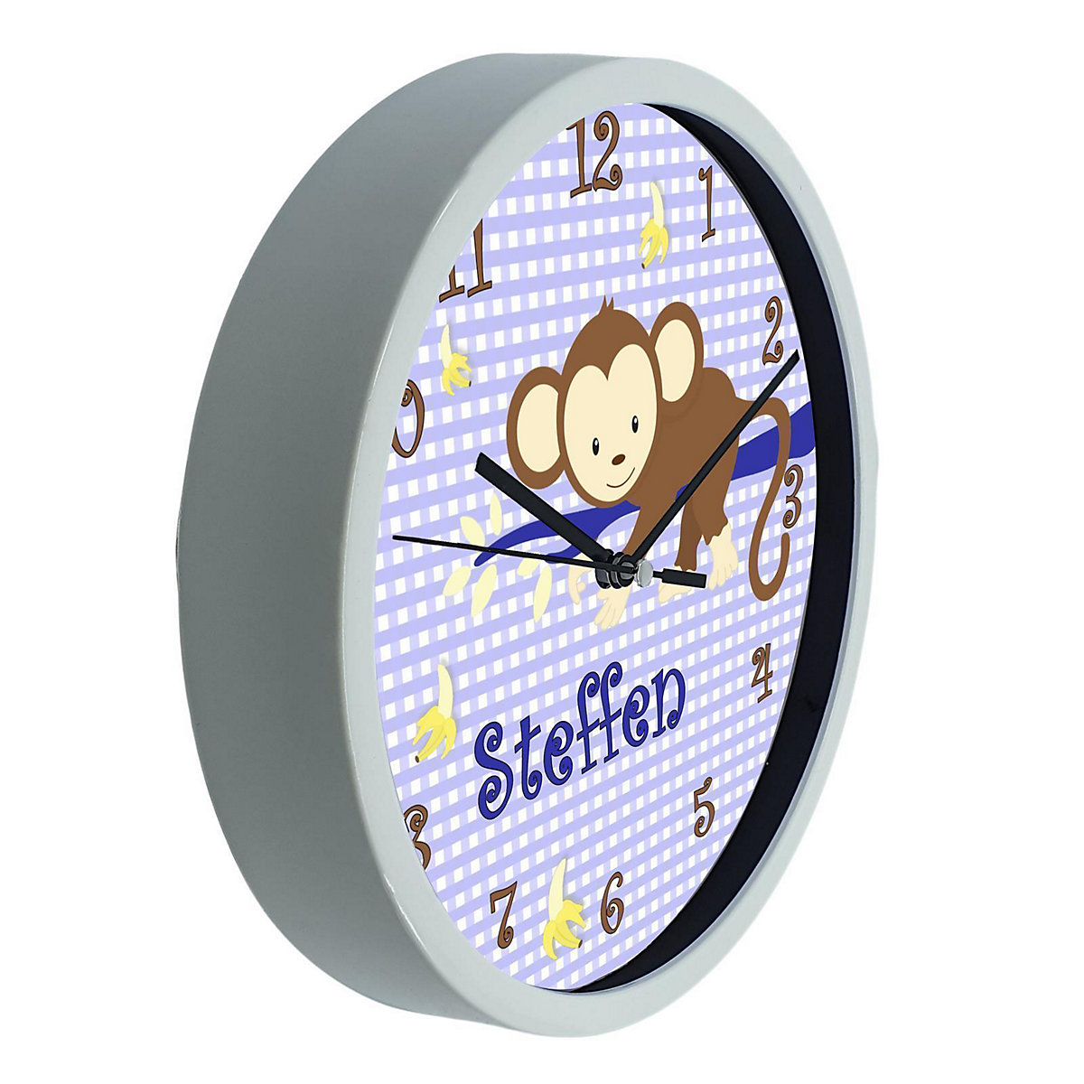 Kinder Wanduhr personalisiert mit Name Affe hängend Blau