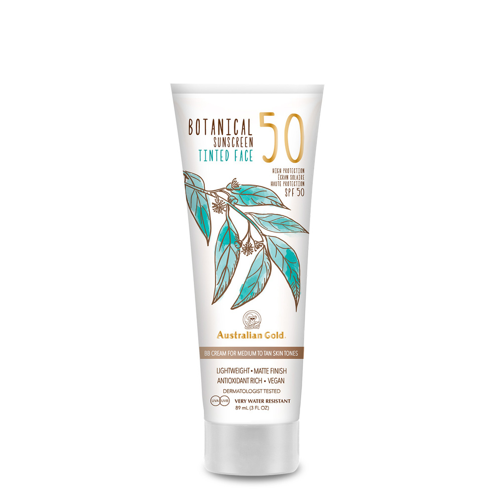 australian gold SPF 50 Lotion botanique teintée pour visage - medium 88 ml Crème solaire botanique pour visage avec autobronzant