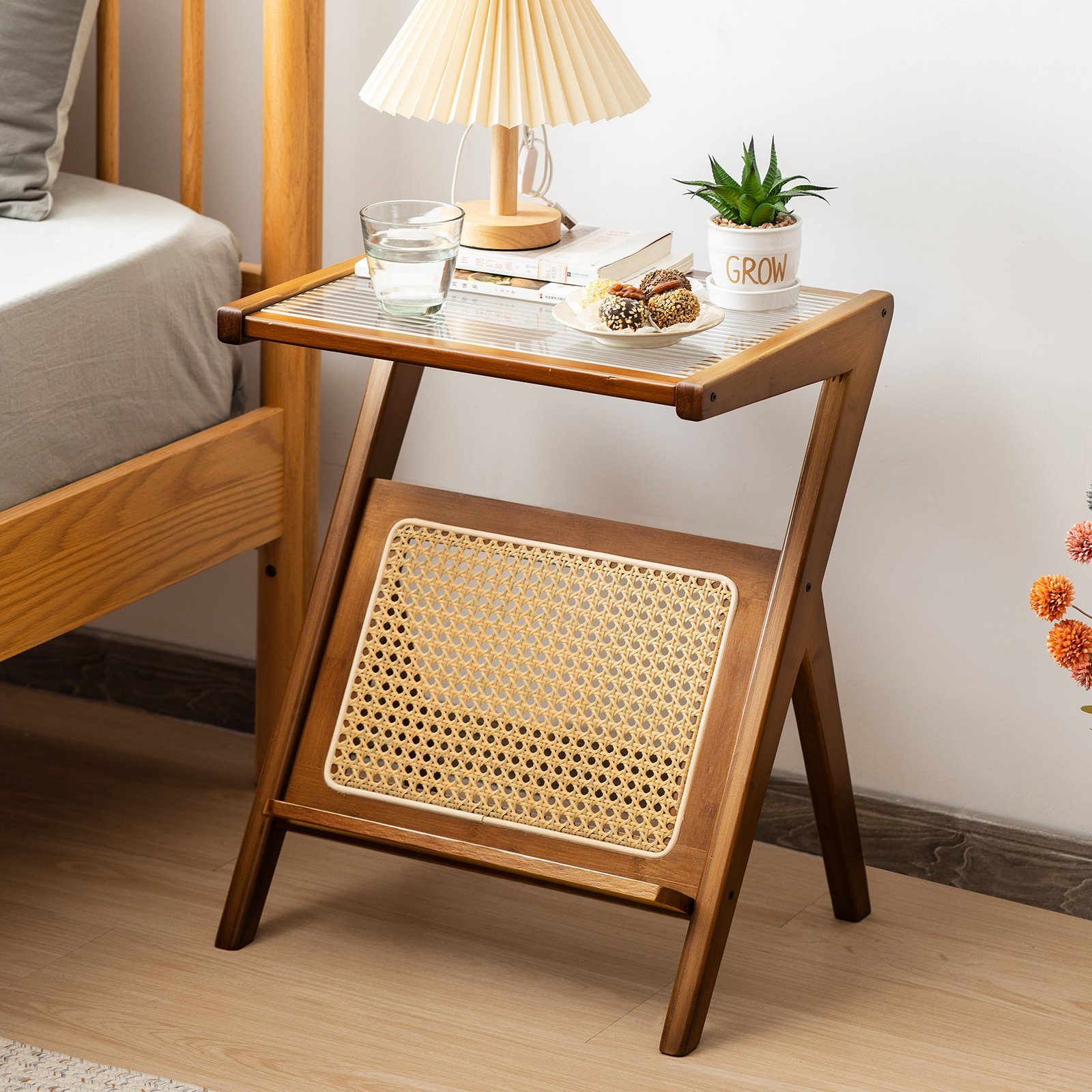 COSTWAY Couchtisch, Bambus, mit gehärteter Glasplatte & Rattan Magazinhalter