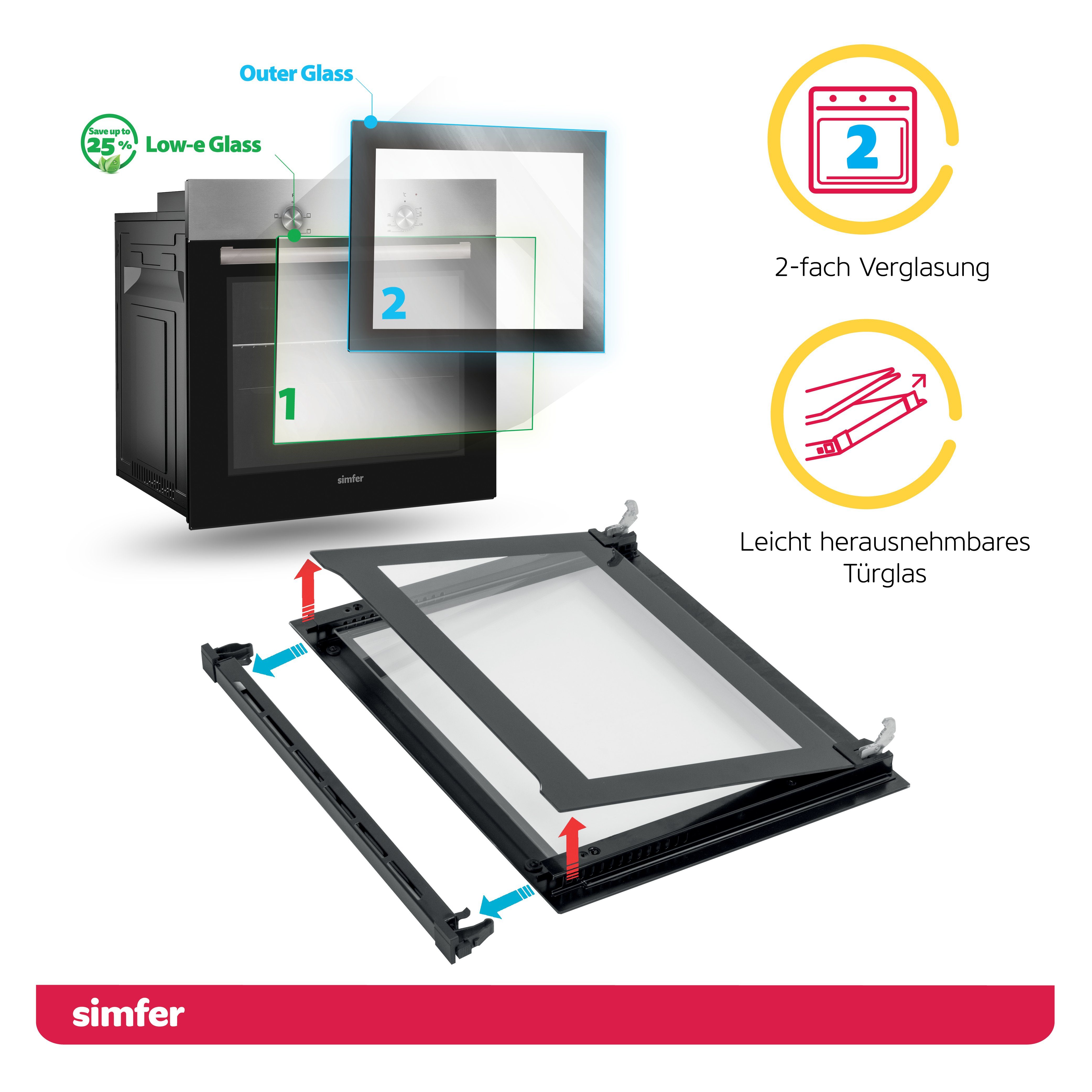 Simfer Einbaubackofen SMF-BO 6019, 60 cm, 62 L, 3 Funktionen, mit Teleskopauszug nachrüstbar, Backraumbeleuchtung, 2-fach Verglasung, Kühlgebläse
