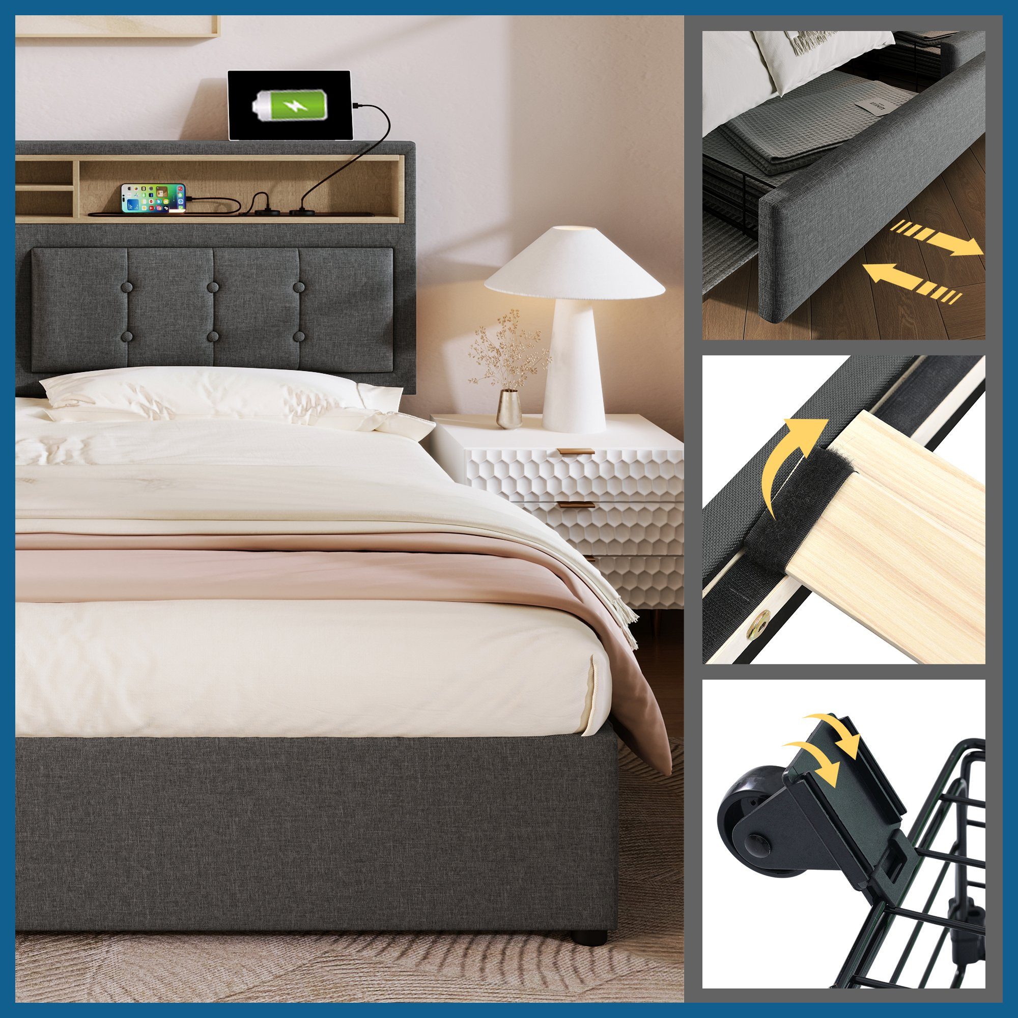 REDOM Polsterbett Doppelbett (mit USB/Typ-C Ladefunktion + 4 Schubladen 140x200cm Leinen), Inklusive Matratze