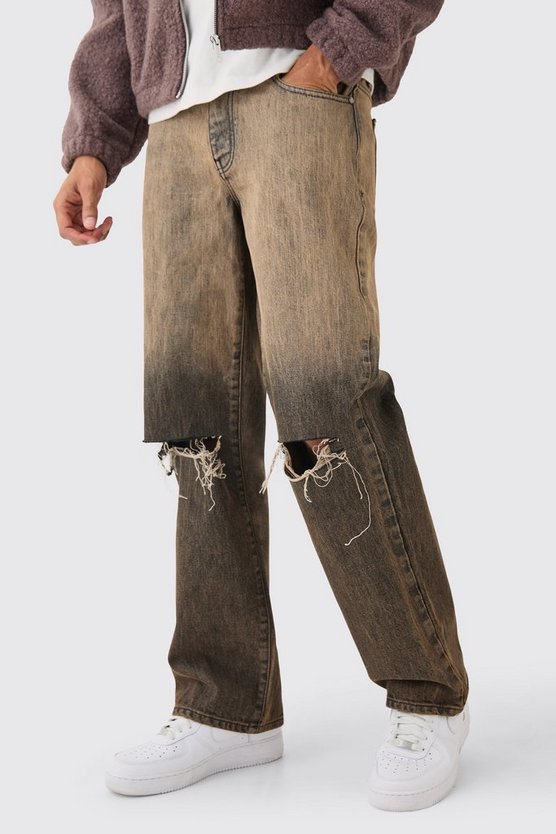 Baggy Rigid Ripped Knee Jeans In Brown
