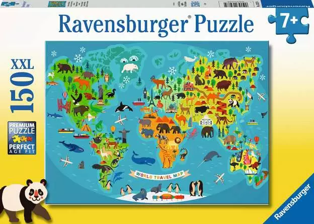 Kinderpuzzle ab 7 Jahren - Tierische Weltkarte - 150 Teile