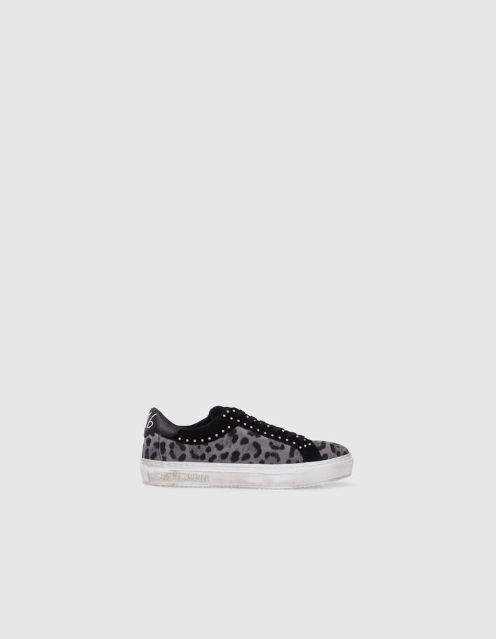 Sneakers noires cuir velours motif léopard et clous Femme