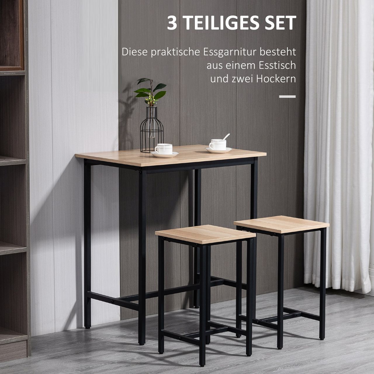 HOMCOM 3-teilig Esszimmergruppe Bartisch mit 2 Stühlen Spanplatte Naturholz