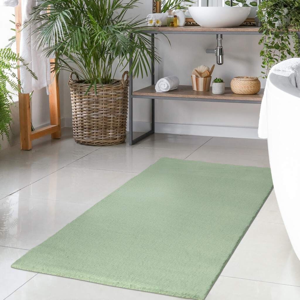 Badematte Topia Mats, Badteppich uni Carpet City, Höhe 14 mm, rutschhemmend beschichtet, strapazierfähig, Polyester, rechteckig, Hochflor, Kaninchen Haptik, Polyester, Badezimmerteppich, waschbar