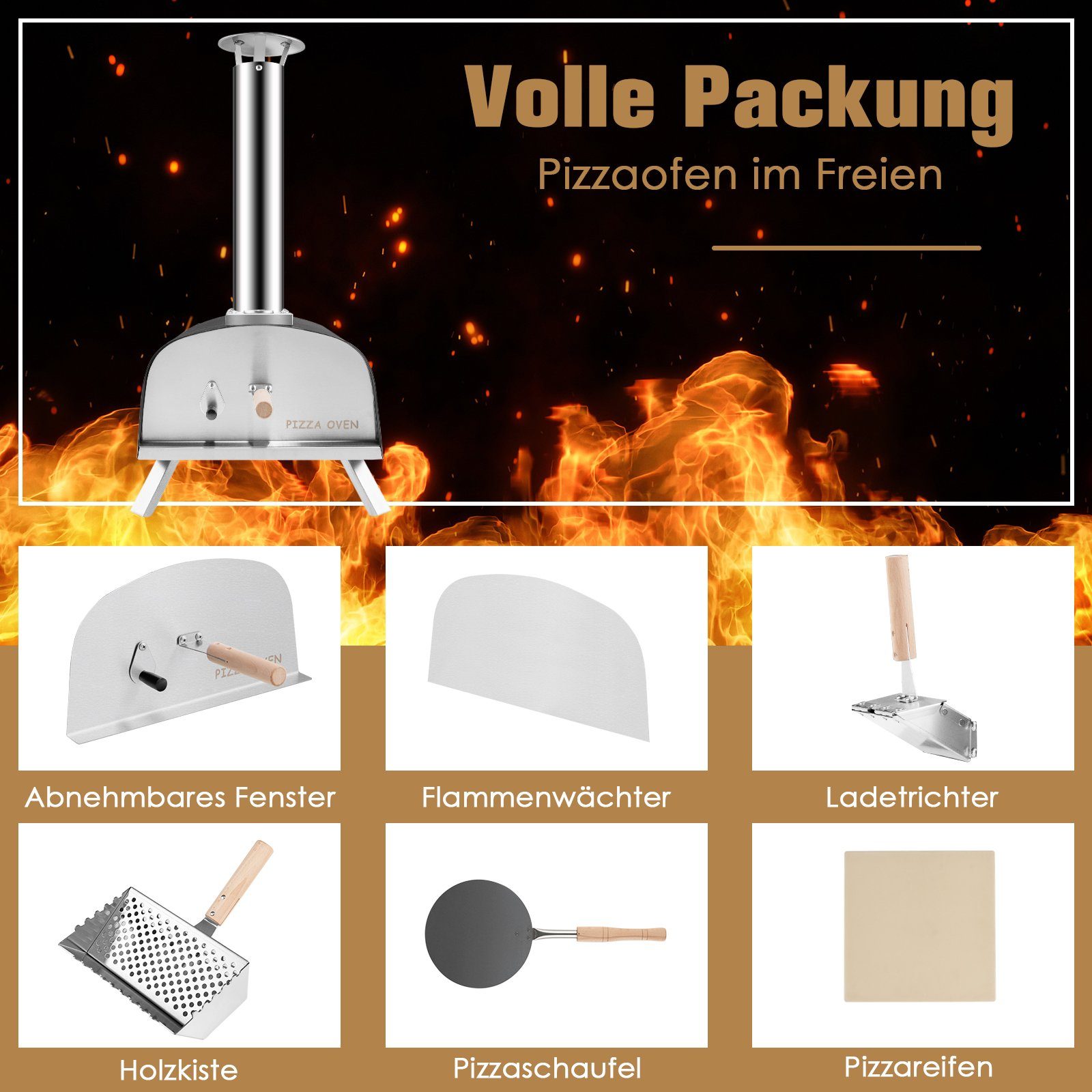 COSTWAY Pizzaofen, inkl. Pizzaschieber & Pizzastein, Gas & Holz, bis zu 450 °C