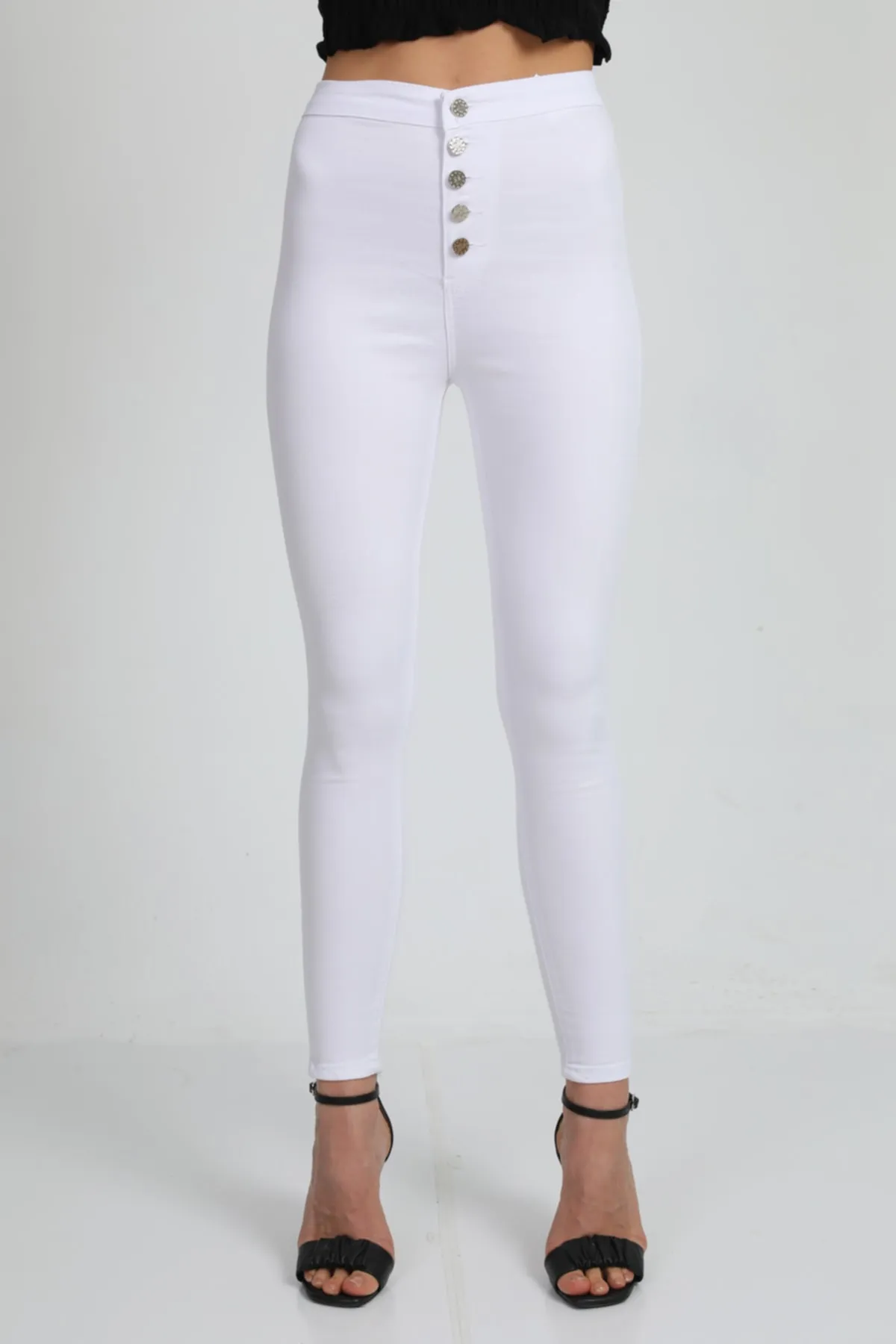 BİKELİFE  Weiße Damen-Leggings mit hoher Taille und schmalem Bein und Knöpfen