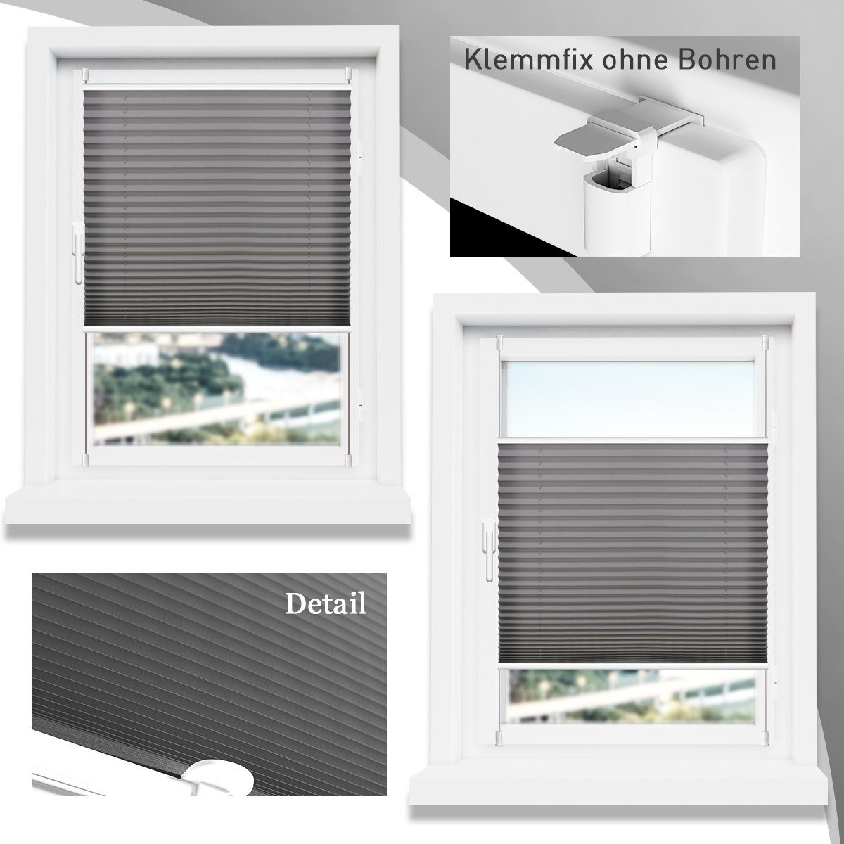 Plissee ohne Bohren Klemmfix, Sichtschutz und Sonnenschutz, OUBO, Lichtdurchlässig Rollo für Fenster & Tür, Klemmfix, mitgelieferten, verstellbaren Klemmträger