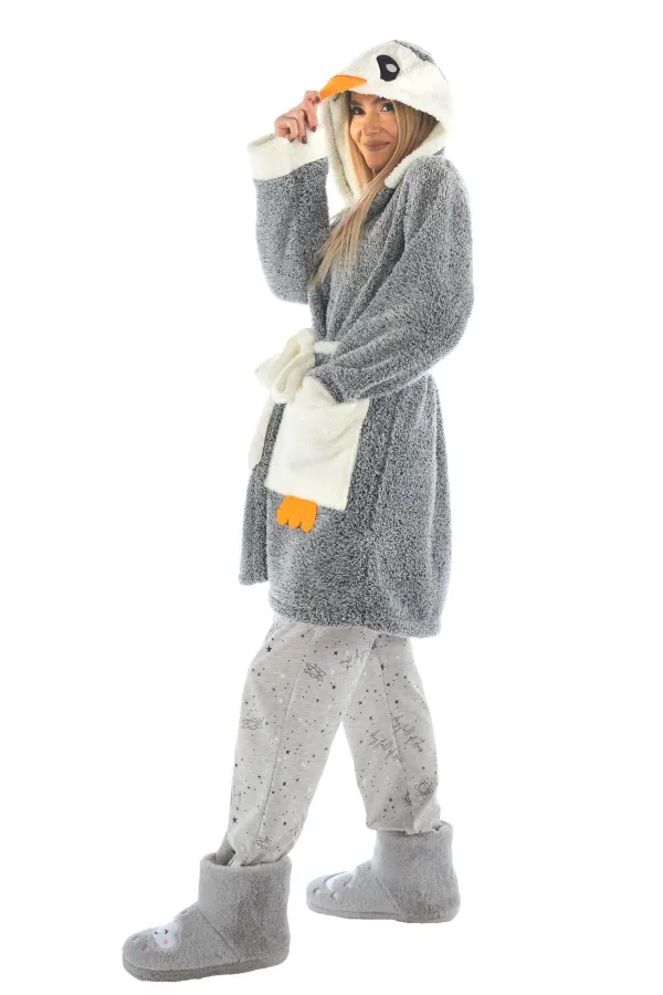 Zeynep Tekstil  Mit Kapuze bestickter Wellsoft-Bademantel mit Pinguinmotiv