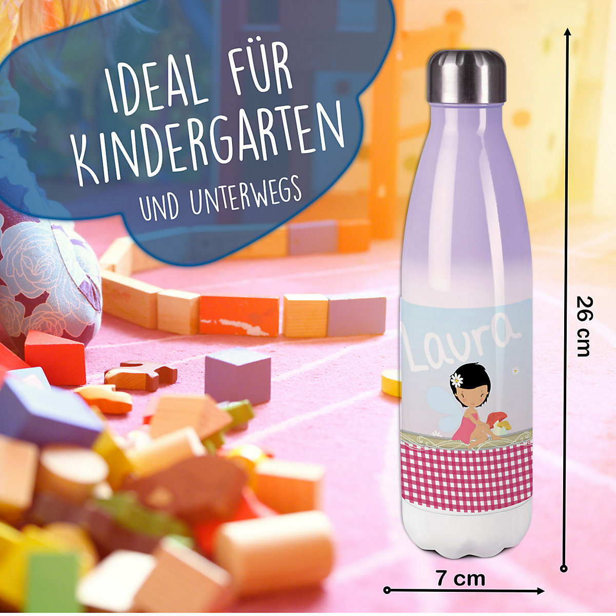 Edelstahl Kinder Thermoflasche / Trinkflasche bunt Fee Spülmaschinenfest, Auslaufsicher, Bruchfest, Doppelwandig, Für Heißgetränke geeignet, Mit Deckel, Isoliert