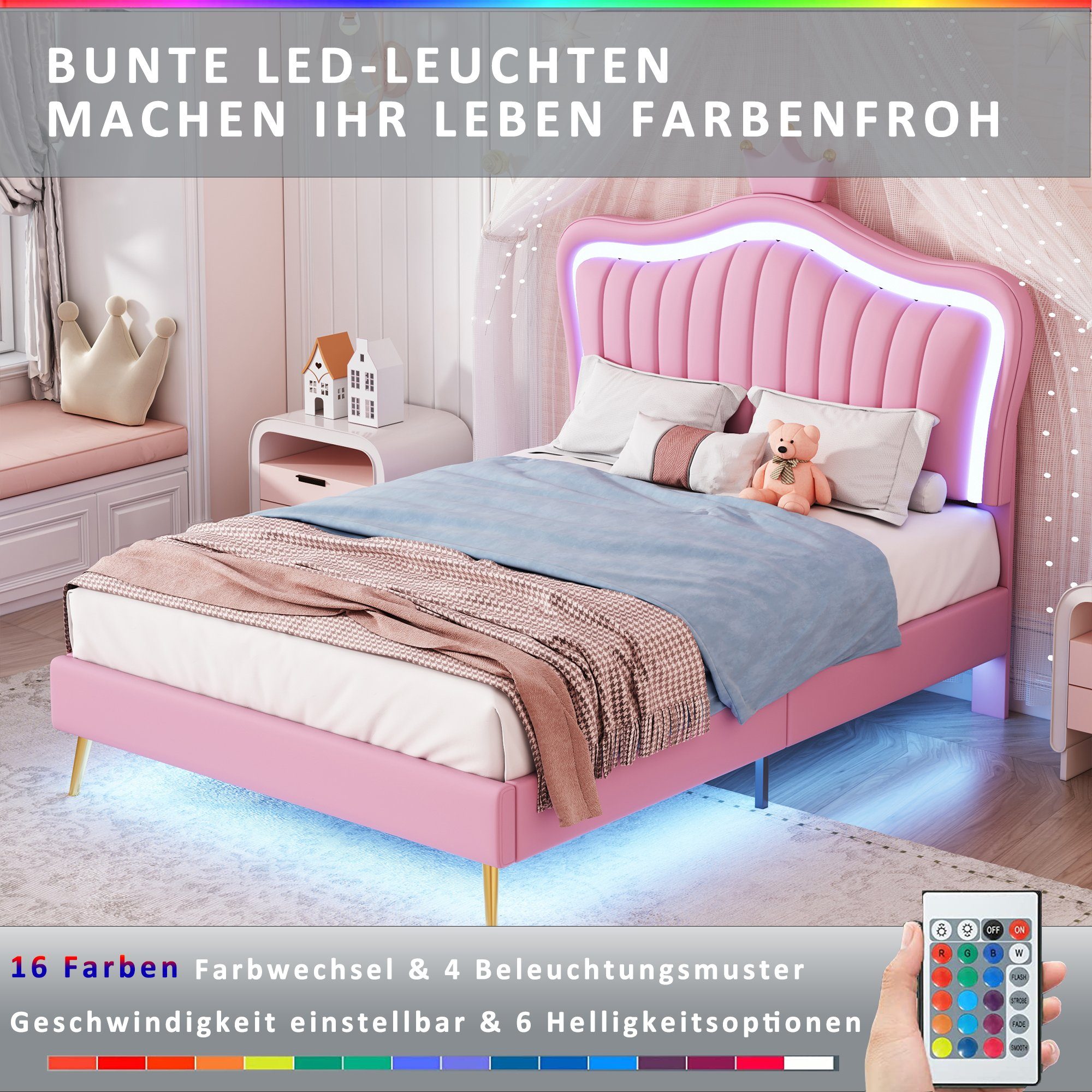 Flieks Polsterbett, LED Beleuchtung Krone Kunstleder Kinderbett 90x200cm rosa