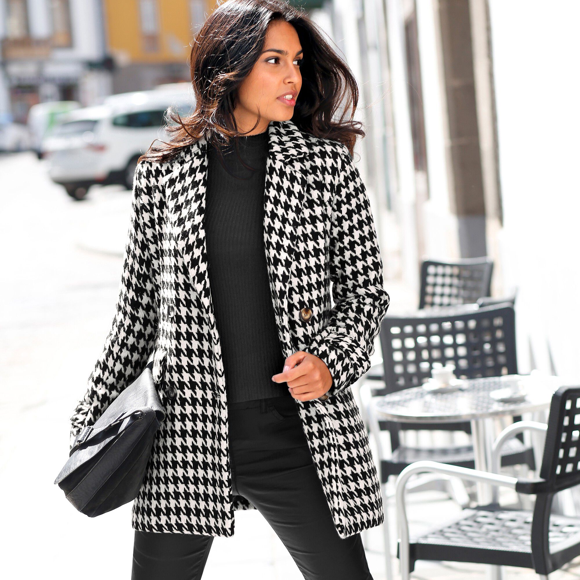 Manteau caban imprimé pied-de-poule aspect drap de laine