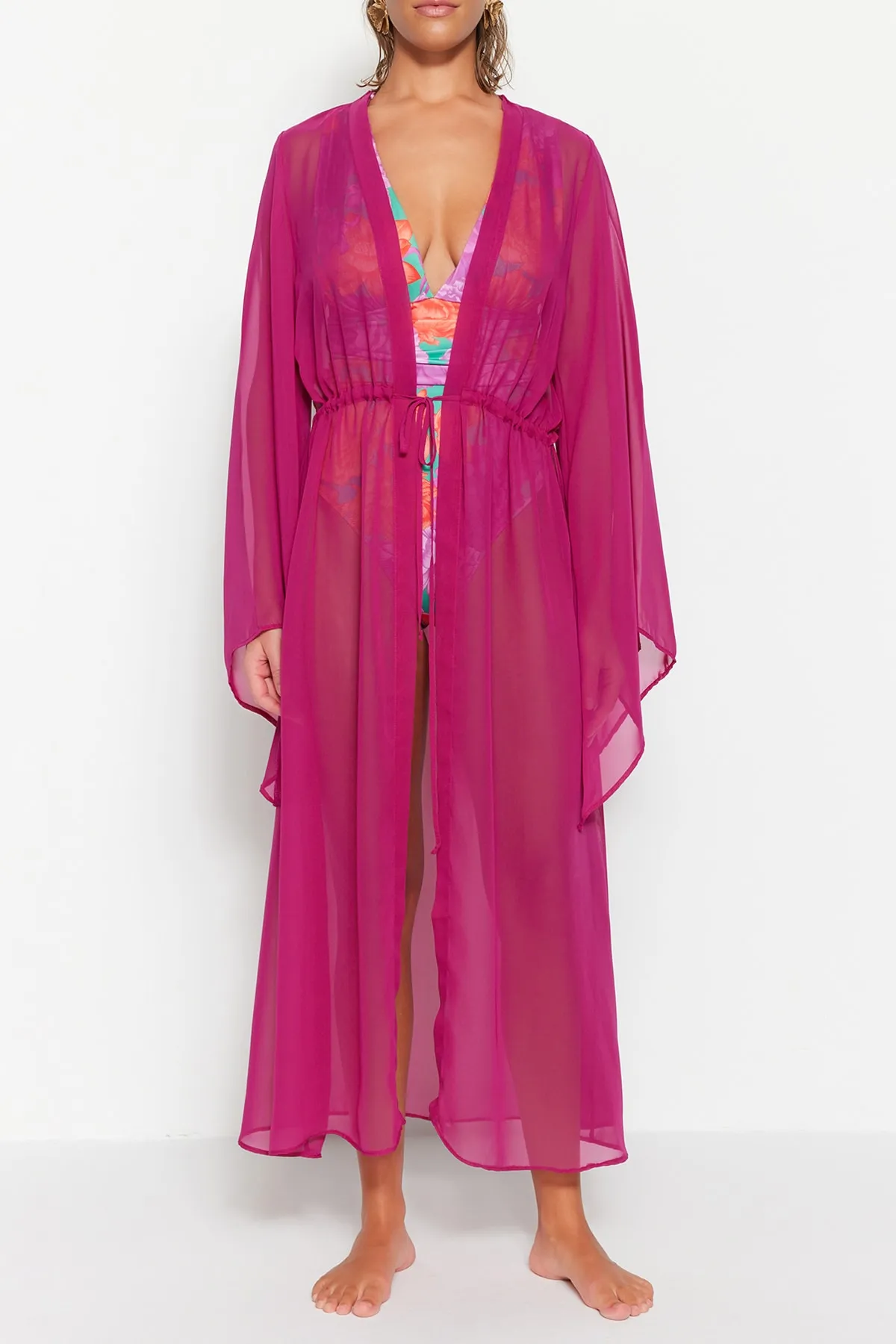 Trendyol Collection  Fuchsiafarbener gewebter Maxi-Kimono und Kaftan mit Gürtel TBESS23KM00029
