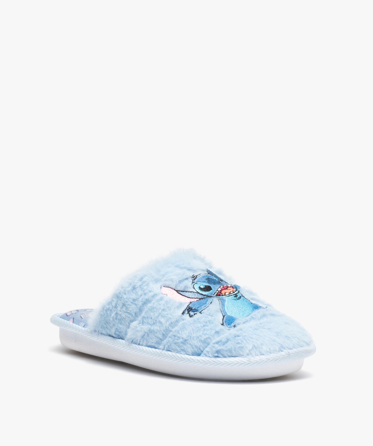 Chaussons femme mules plates à poils doux Stitch - DS bleu | GEMO