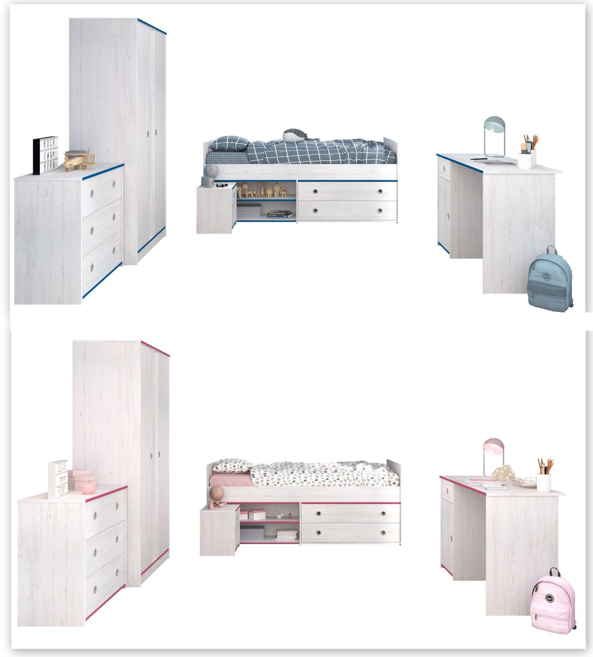 Parisot Kinderzimmer, 5-tlg., Smoozy 36 - Kanten drehbar - Pink oder Blau