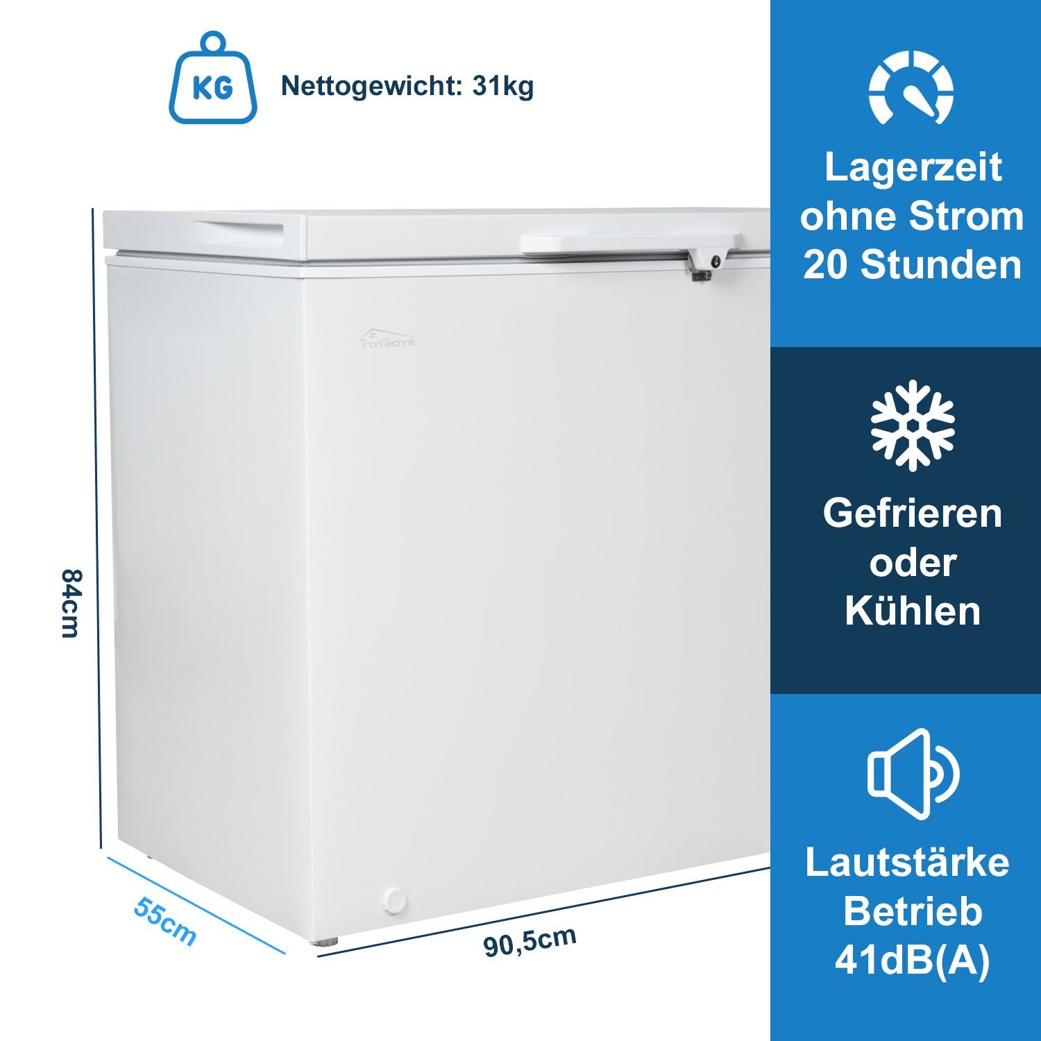 TroniTechnik Gefriertruhe BORGAR 210 PRO, 90.5 cm breit, 202 l, inkl. Dual Thermostat, LED Licht, Griff, Schloss, Rollen, Einlegekorb