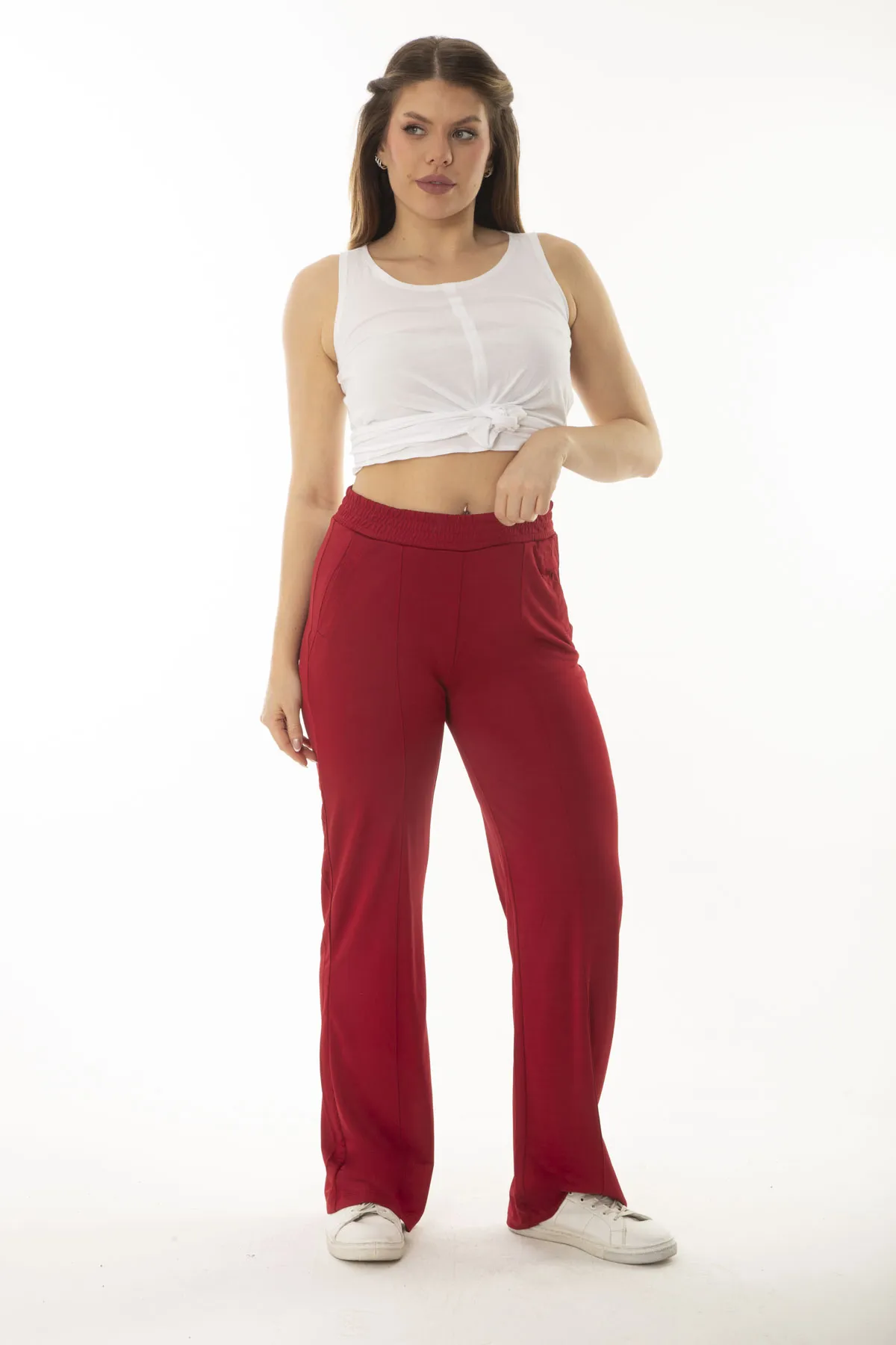 Şans  Damen-Trainingshose, große Größe, weinrot, Seitentasche, elastische Taille, weites Bein, 65N37055