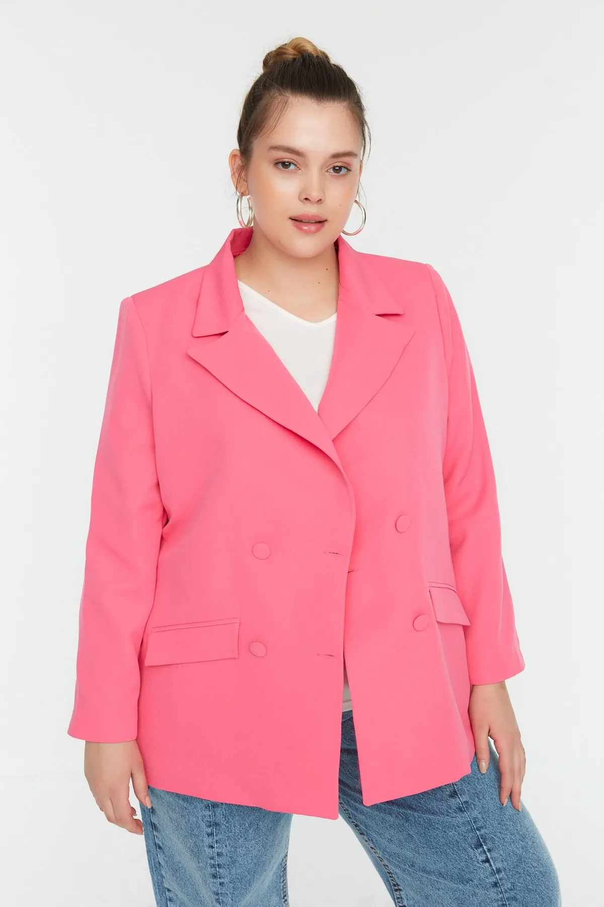 Trendyol Curve  Rosa gewebte Blazerjacke mit Doppelverschluss TBBSS22CE0180