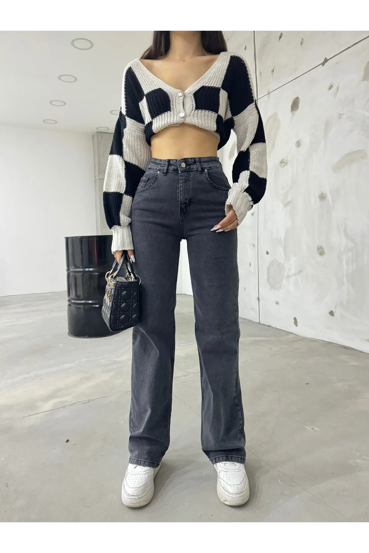 BİKELİFE  Graue Damen-Palazzo-Jeans mit hoher Taille und weitem Bein, locker und lässig