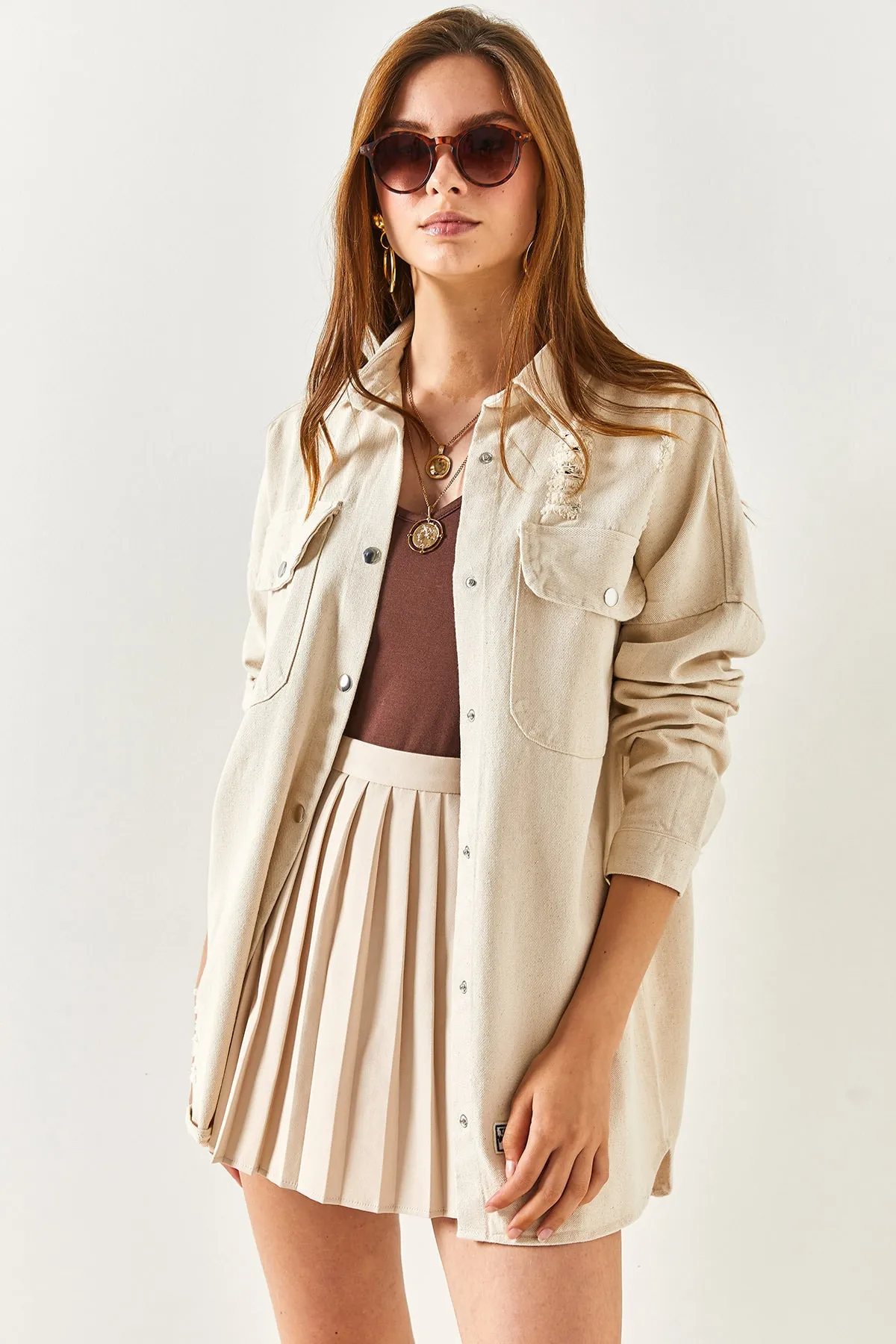 Olalook  Dickes Damenhemd mit abtrennbarem Stein und Patch-Detail CKT-19000169