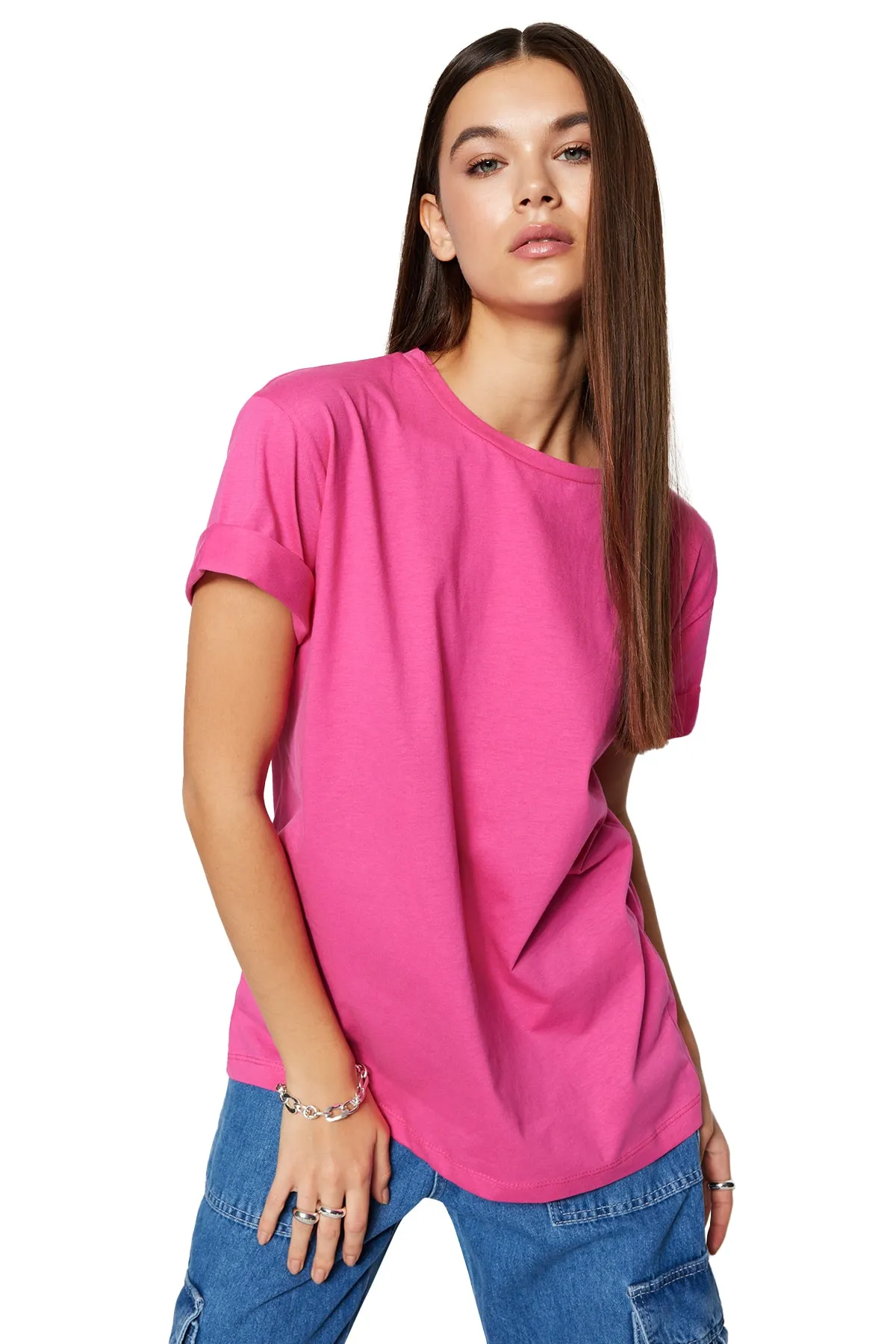 Trendyol Collection  Fuchsia, 100 % Baumwolle, Oversize/Weitform, Rundhals-Strick-T-Shirt TWOSS20TS0134