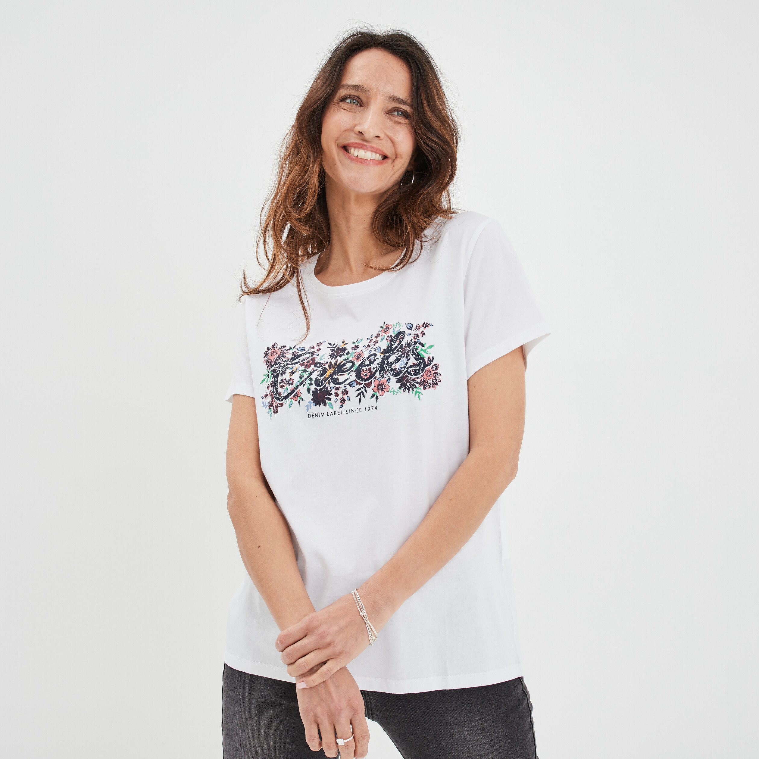 T-shirt ajusté col rond coton Creeks blanc femme | La Halle