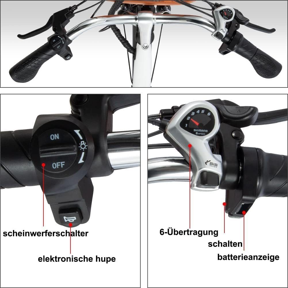 ombar E-Bike 26 Zoll für Damen und Herren,Trekking Ebike Cityrad, 6 Gang Shimano, Heckmotor, 12,50 Wh Akku, (1 tlg), mit 6-Gang-Shimano-Umwerfer geliefert, 347 Wh Batterie,250W