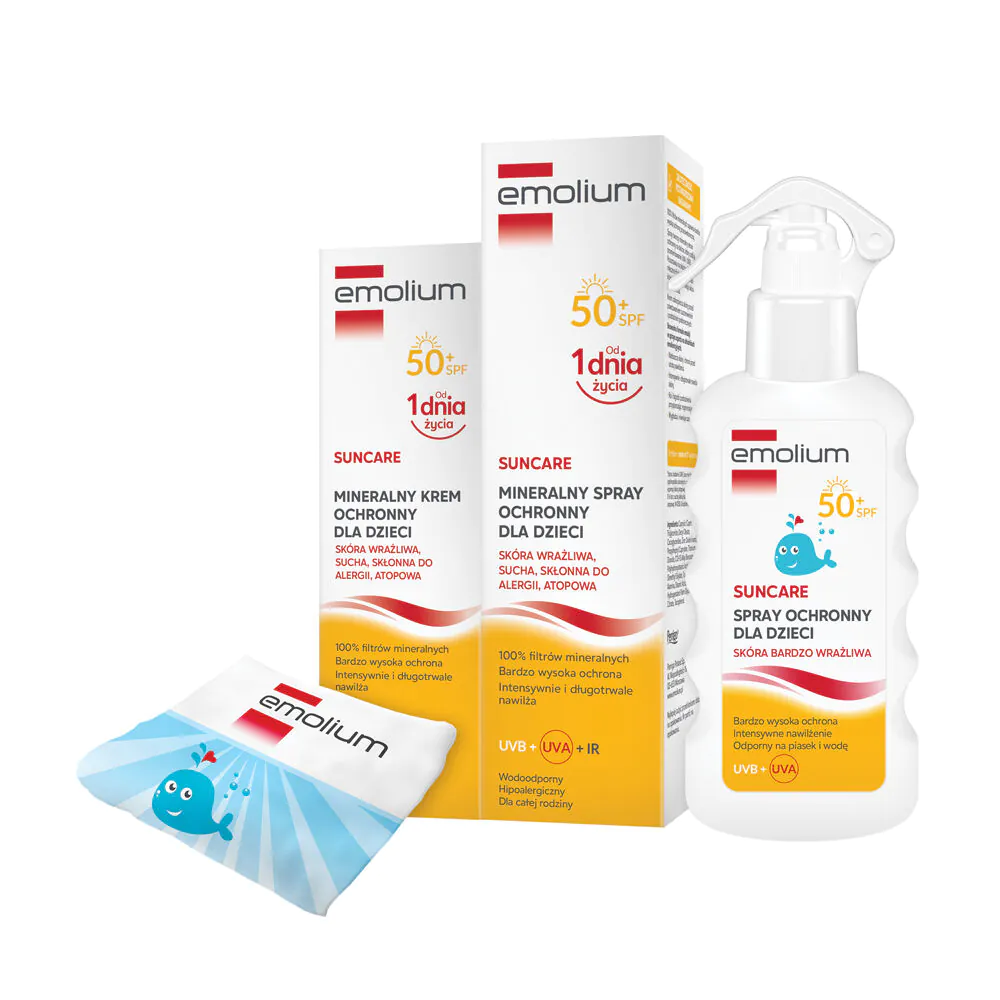 „Emolium“ apsaugos nuo saulės rinkinys su SPF50 kremu + purškikliu SPF50 + purškikliu vaikams + rankšluosčiu